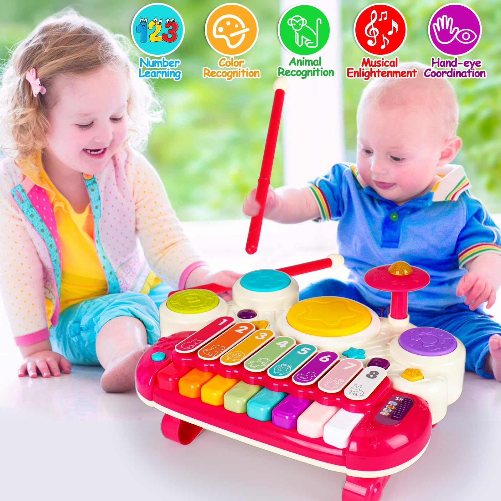 3 in 1 Musical Toys for Toddlers 1-3 Years Old - Piano Xylophone Drum Set, Early Learning Developmental Sensory Toys for 1 2 3 Year Old Boys & Girls, Perfect Birthday Gift for Babies - Great for Home Play, Preschool Learning & Music Exploration
