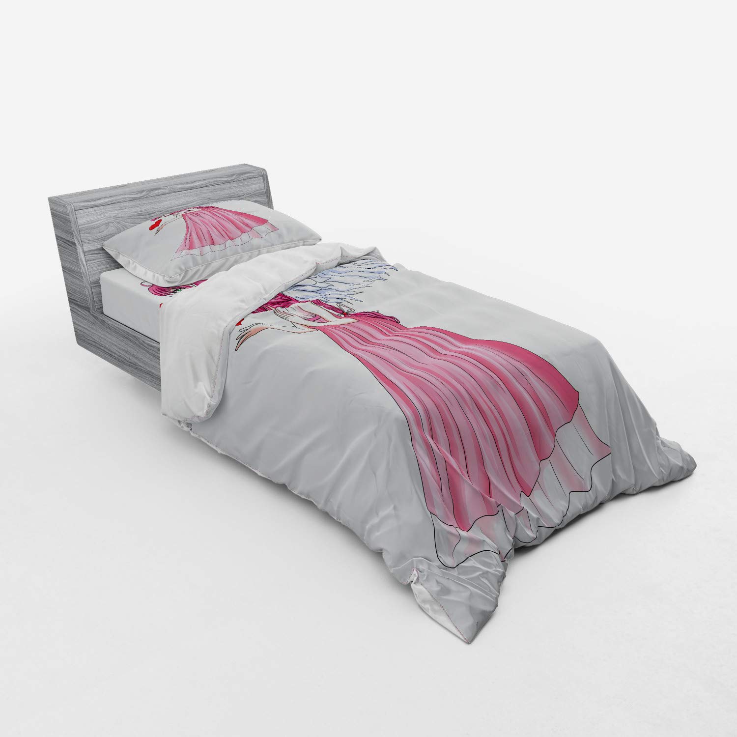 Ambesonne Anime Duvet Cover Set - Pink Dress Angel Holding Heart Design, 3 Piece Bedding Set with Pillow Sham & Fitted Sheet, Twin XL Size, Pink Red White - Perfect for Valentine's Day Gifts, Anime Lover's Bedroom Decor & Cozy Sleep