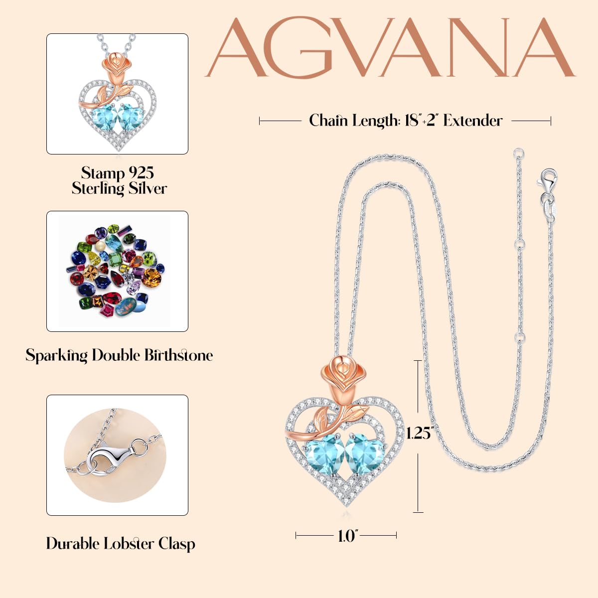 AGVANA Sterling Silver Rose Flower Heart Double Birthstone Pendant Necklace for Women - Elegant Anniversary, Birthday Gift for Mom, Wife, Girlfriend | Perfect for Special Occasions & Everyday Wear