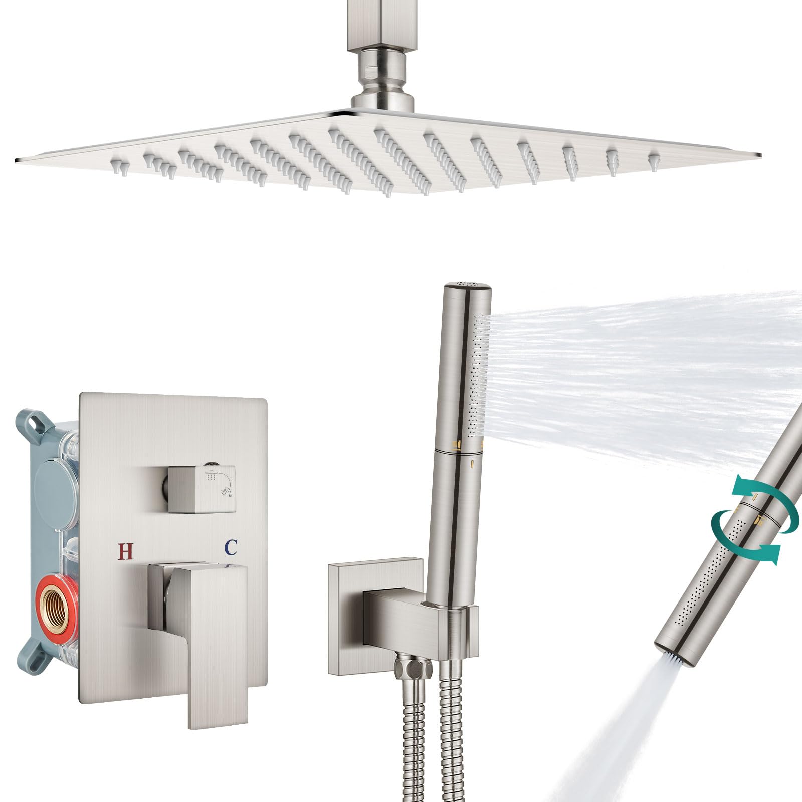Aolemi Brushed Nickel 12 Inch Ceiling Mount Shower System - High Pressure Rainfall Shower Head & 2-in-1 Handheld Spray Combo with Rough-in Valve | Perfect for Spa-Like Bathroom Experience & Modern Home Renovation