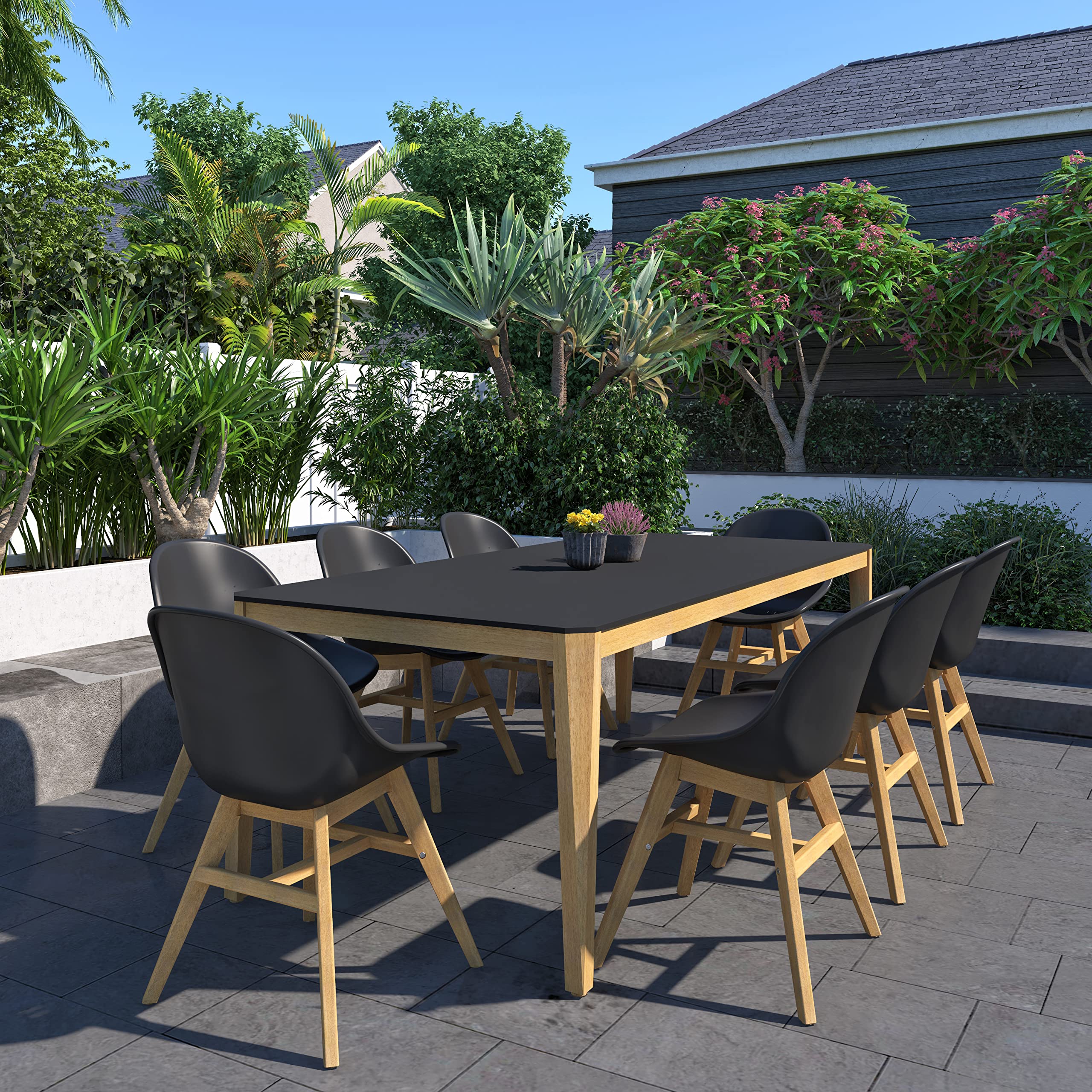 Urban Elements Eugène 9-Piece Patio Furniture Set - 100% FSC Certified Eucalyptus Wood with Teak Finish | Outdoor Dining Table & Chairs, Backyard Furniture Set in Black | Perfect for Garden Parties, Poolside Lounging & Al Fresco Dining