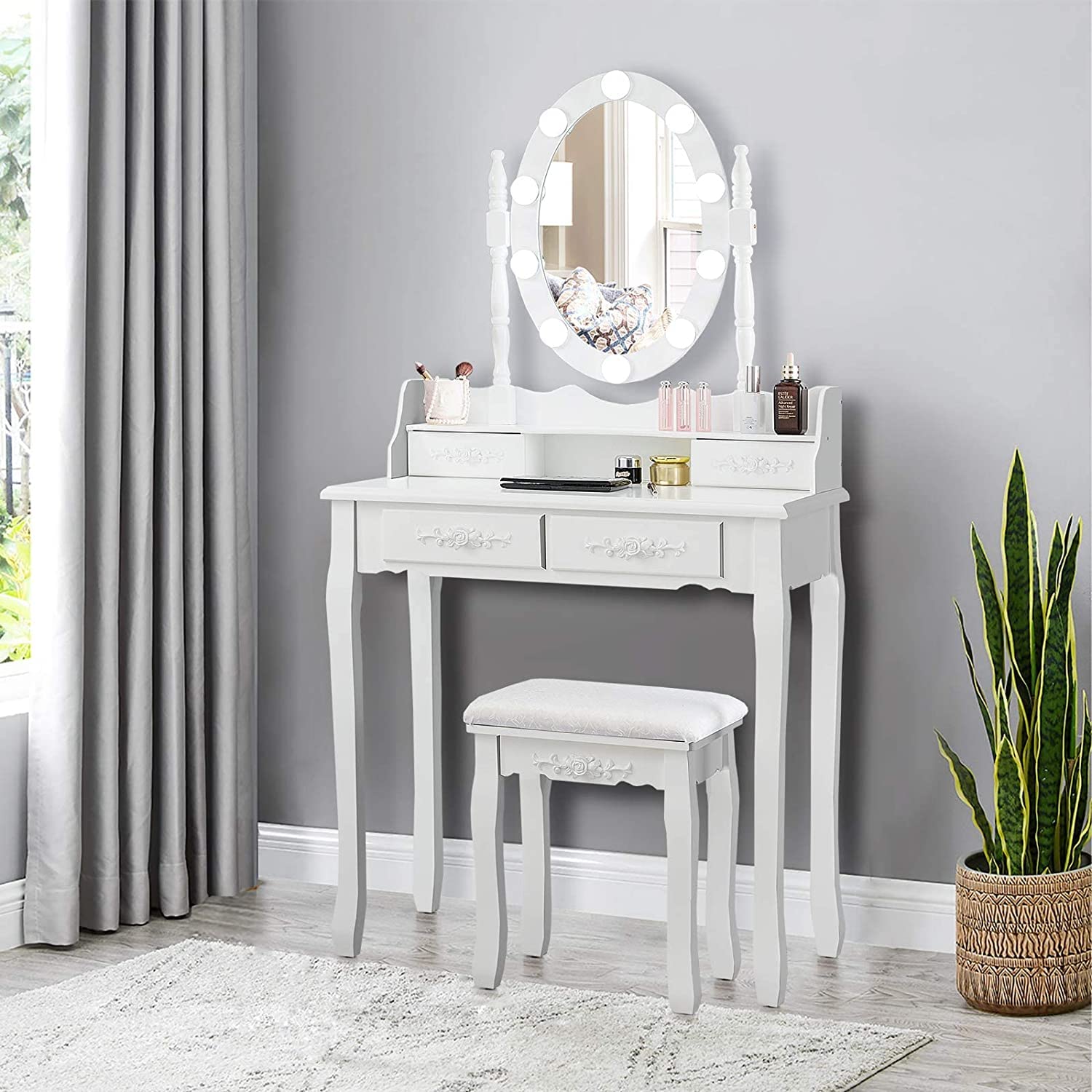 LDAILY Vanity Table Set with Lighted Mirror - 10 LED Lights, 4 Drawers & Oval Dressing Desk with Cushioned Stool for Women & Girls (White/Black/Dark Brown) | Perfect for Bedroom Makeup, Skincare & Hair Styling