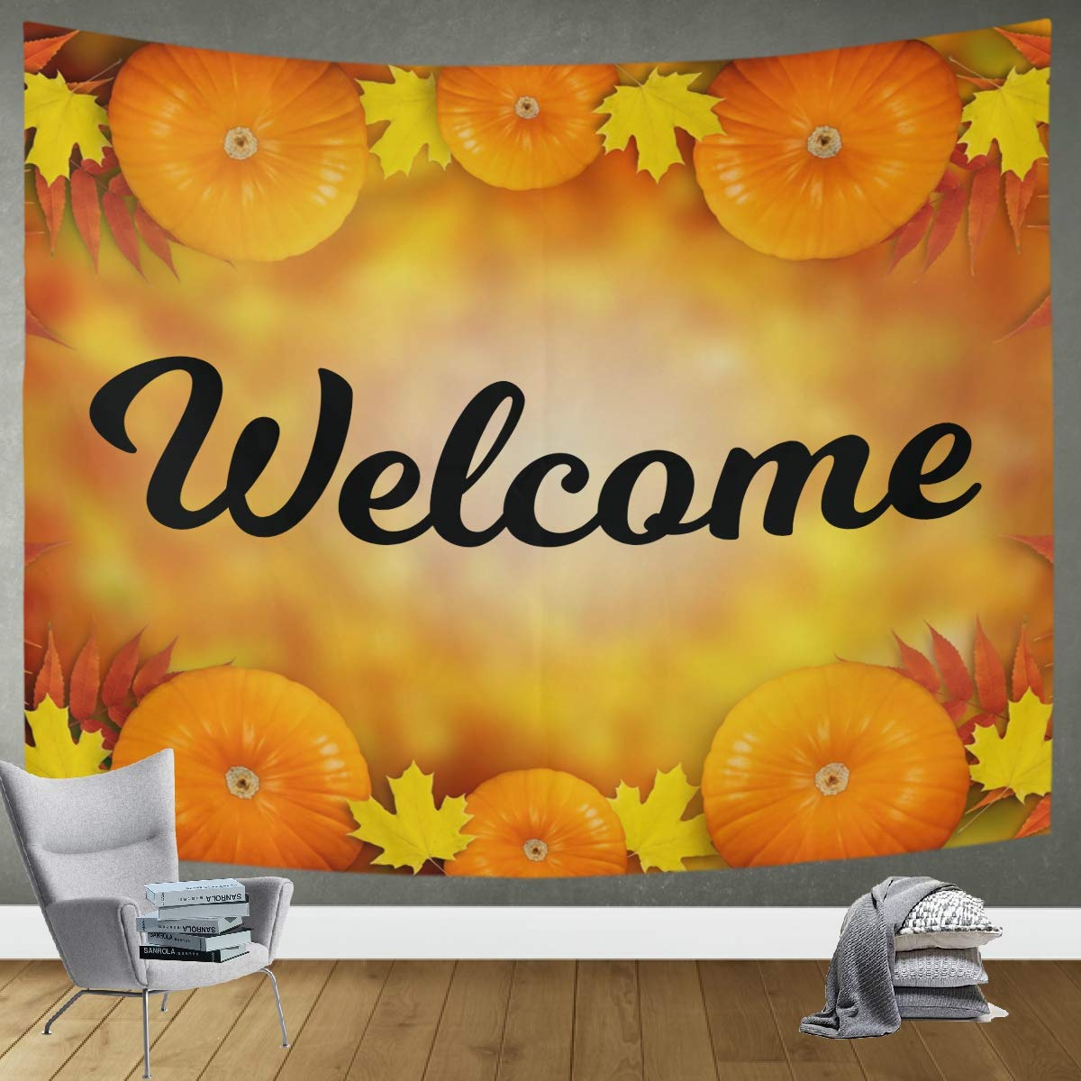 DOMIKING Autumn Thanksgiving Pumpkin Tapestry - 90x60in Large Wall Hanging Decor for Bedroom, Living Room | Seasonal Home Decor, Fall Wall Art, Cozy Thanksgiving Atmosphere