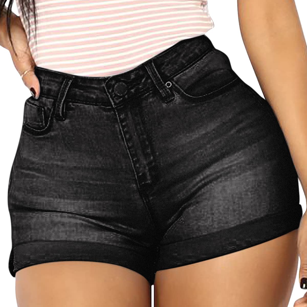 Vanberfia Women's Stretchy Denim Mid Rise Jean Shorts with Pockets - Comfortable Casual Summer Shorts for Beach, Travel & Everyday Wear