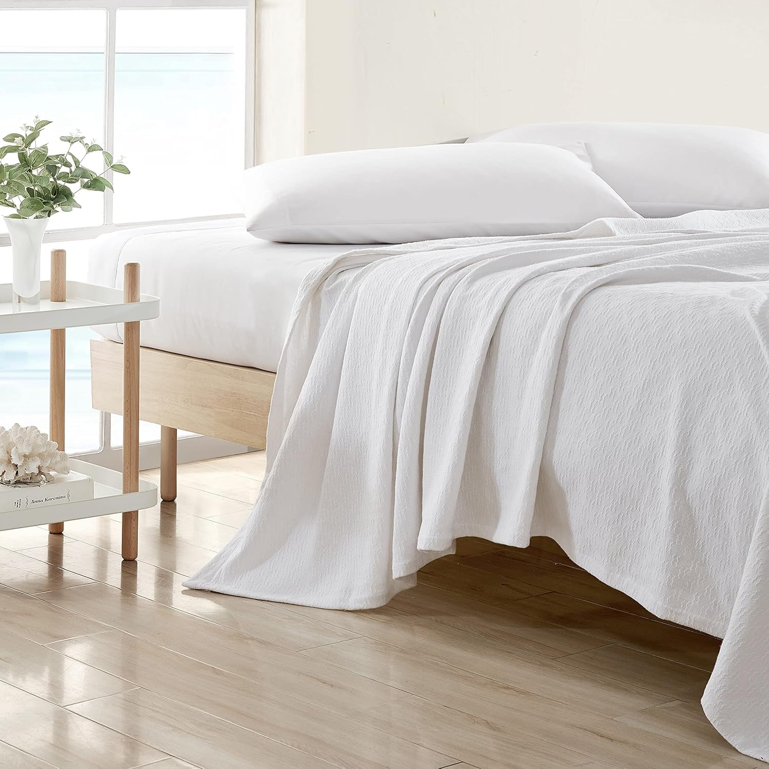 Nautica Twin Blanket - Soft 100% Cotton All-Season Bedding Set, Medium Weight (Ripple Cove White) | Cozy Home Decor for Bedroom, Living Room & Travel