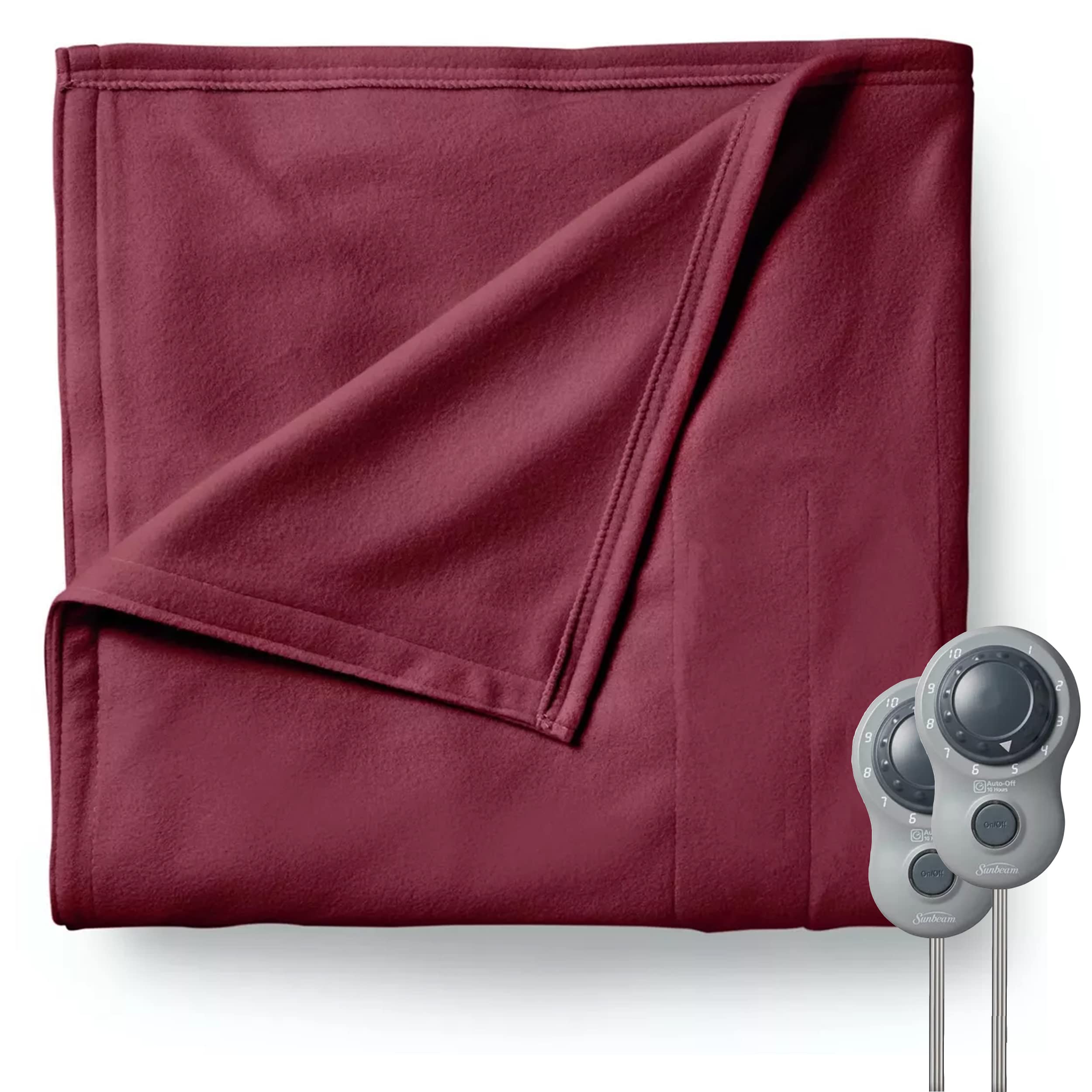 Sunbeam Queen Size Electric Fleece Heated Blanket - Dual Zone Temperature Control, Ultra Soft Garnet Red, Machine Washable - Perfect for Cold Nights, Bedroom Comfort & Winter Relaxation
