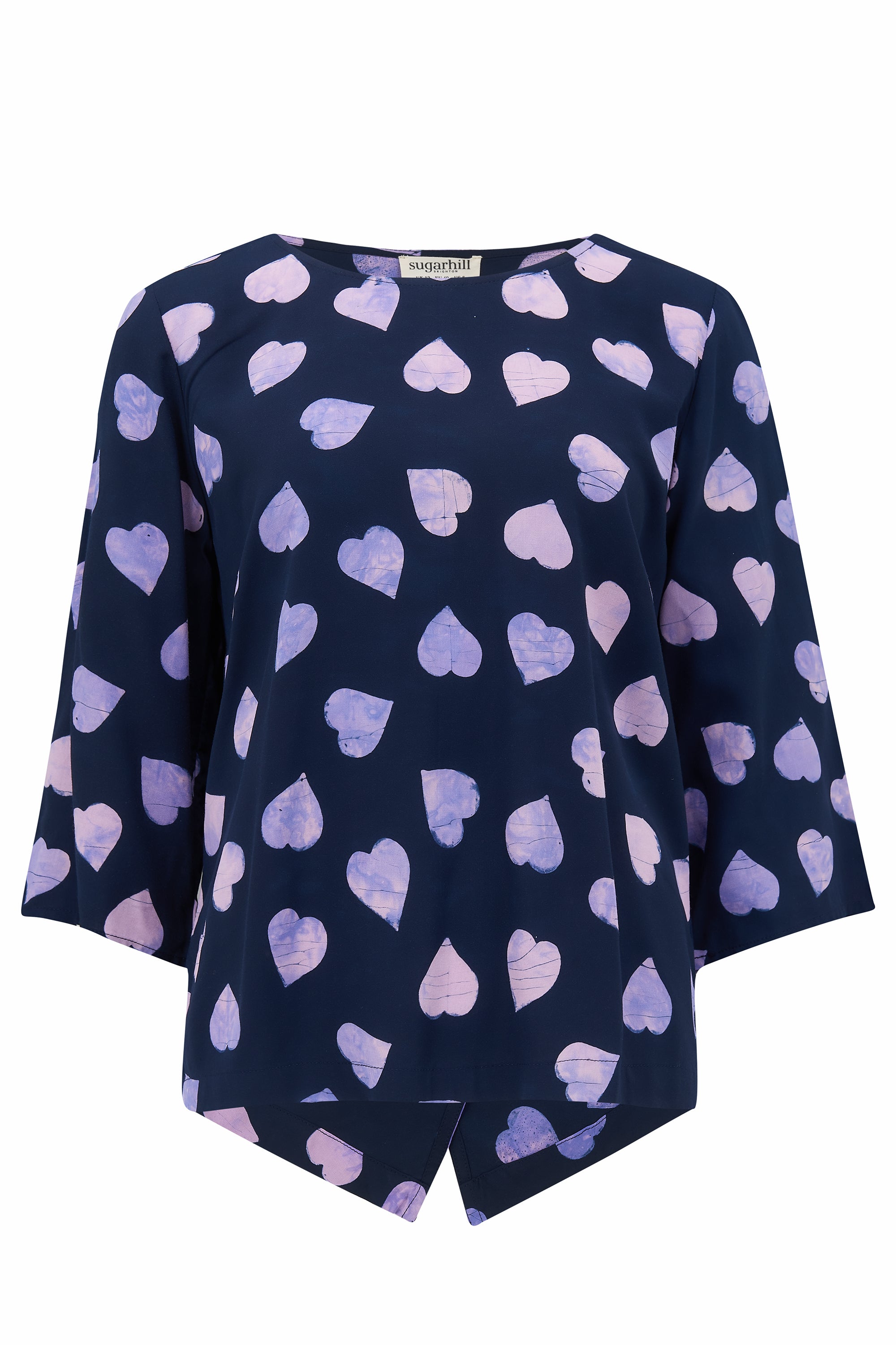 Lexi Batik Top with Big Hearts Print - Navy & Lilac Floral Blouse for Women | Perfect for Boho Style, Summer Outfits, and Casual Wear