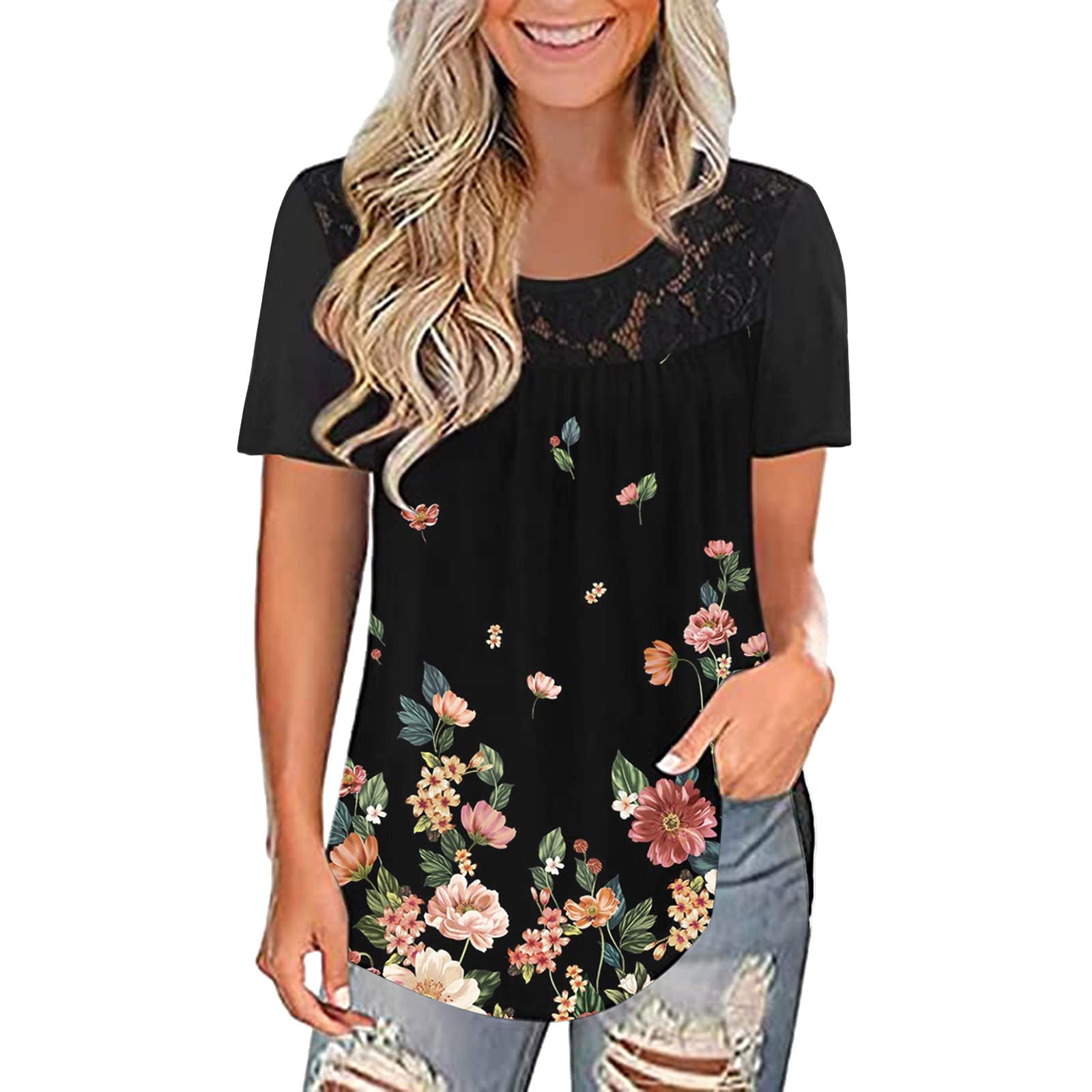 Women's Summer Tops - V Neck Lace Short Sleeve Tie Dye T-Shirts | Loose Casual Tunic Blouse for Beach, Vacation & Everyday Wear
