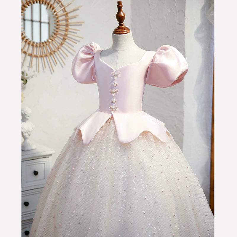 Pink Princess V-Neck Floor-Length Satin Flower Girl Dress for Weddings, Pageants & Special Occasions