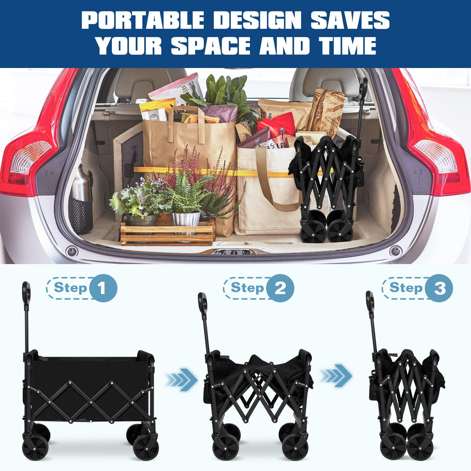 Heavy Duty Collapsible Wagon Cart with Large Capacity - Foldable All Terrain Beach Cart with Wheels for Camping, Shopping, Sports, Gardening & Grocery | Perfect for Outdoor Adventures, Beach Trips & Home Use