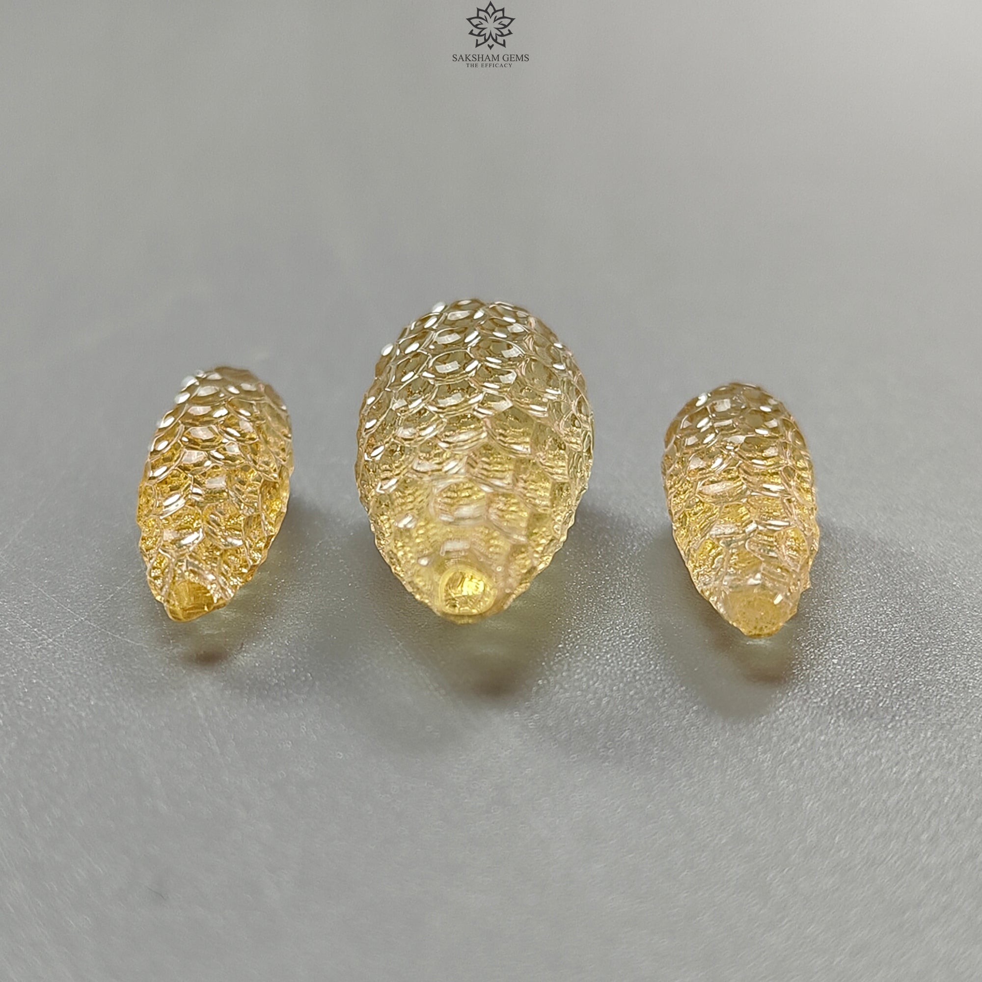 Natural Untreated Yellow Citrine Gemstone Carving - 42.40cts Hand Carved Teardrop Shape 23mm-28mm 3pc Set | November Birthstone Jewelry | Perfect for Necklace Pendants, Earrings & Gift Giving
