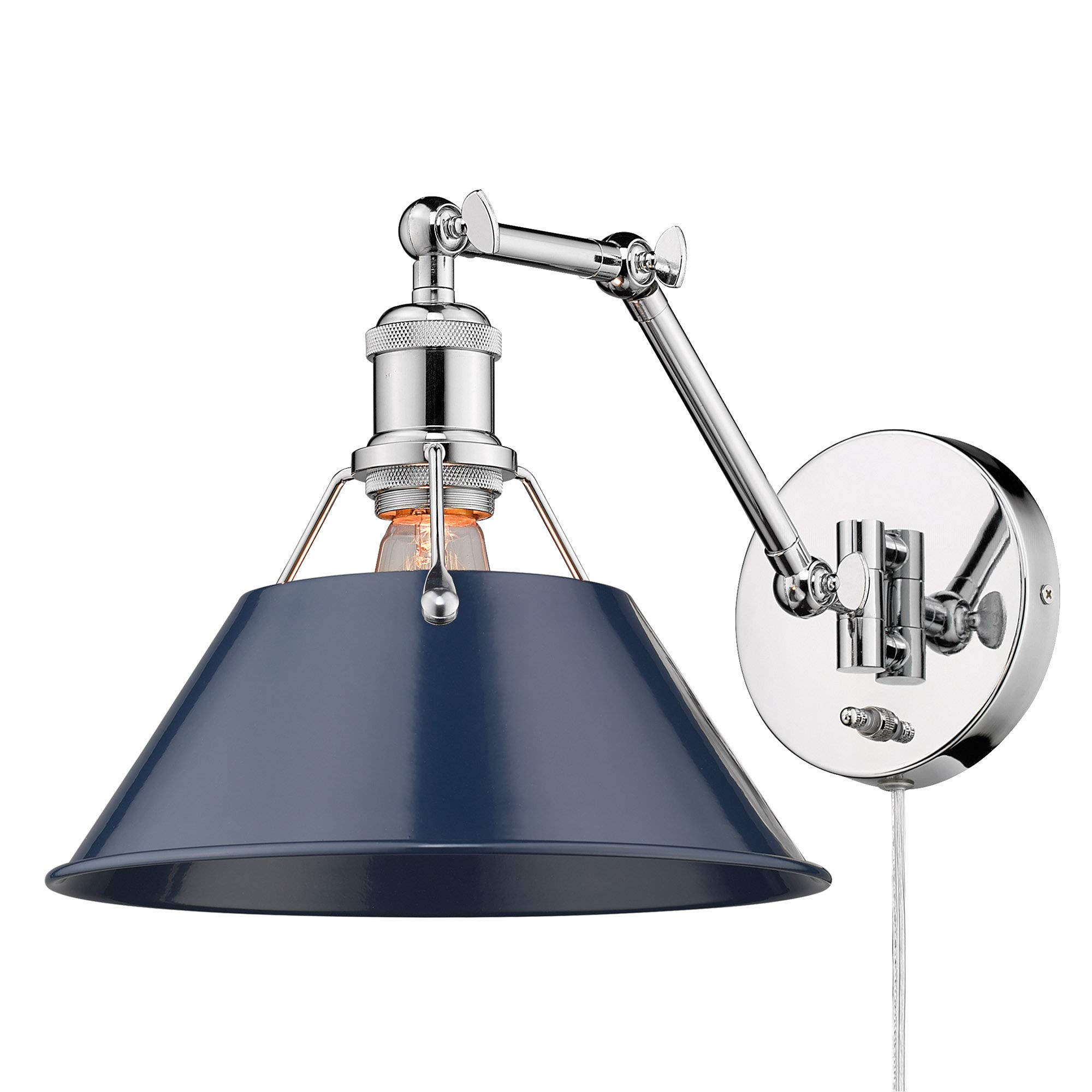 Golden Lighting Orwell 1-Light Adjustable Wall Sconce in Chrome with Navy Blue Fabric Shade - Perfect for Bedroom, Living Room, and Hallway Lighting