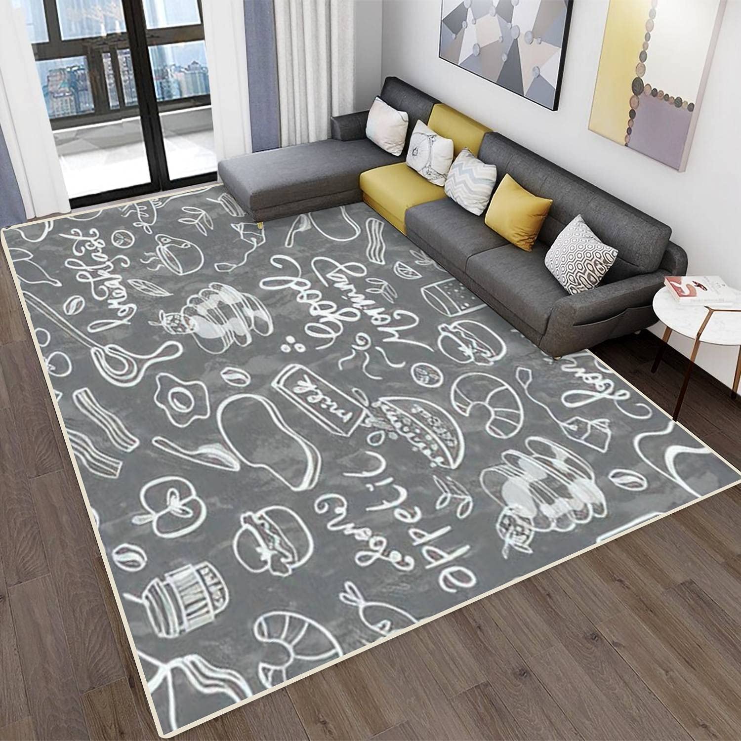 Modern Abstract Area Rugs - Stain Resistant Non-Slip Carpet for Living Room, Bedroom, Kitchen, Bathroom | Seamless Pattern with Chalkboard Lettering Design | Perfect for Home Decor, Dining Areas & Breakfast Nooks