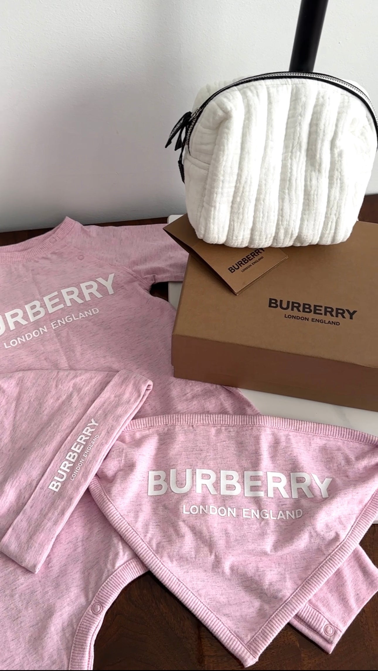 Burberry Baby Gift Set - 4-Piece Pink Baby Essentials with White Zip Pouch | Newborn Care, Baby Shower Gift, Travel Organizer