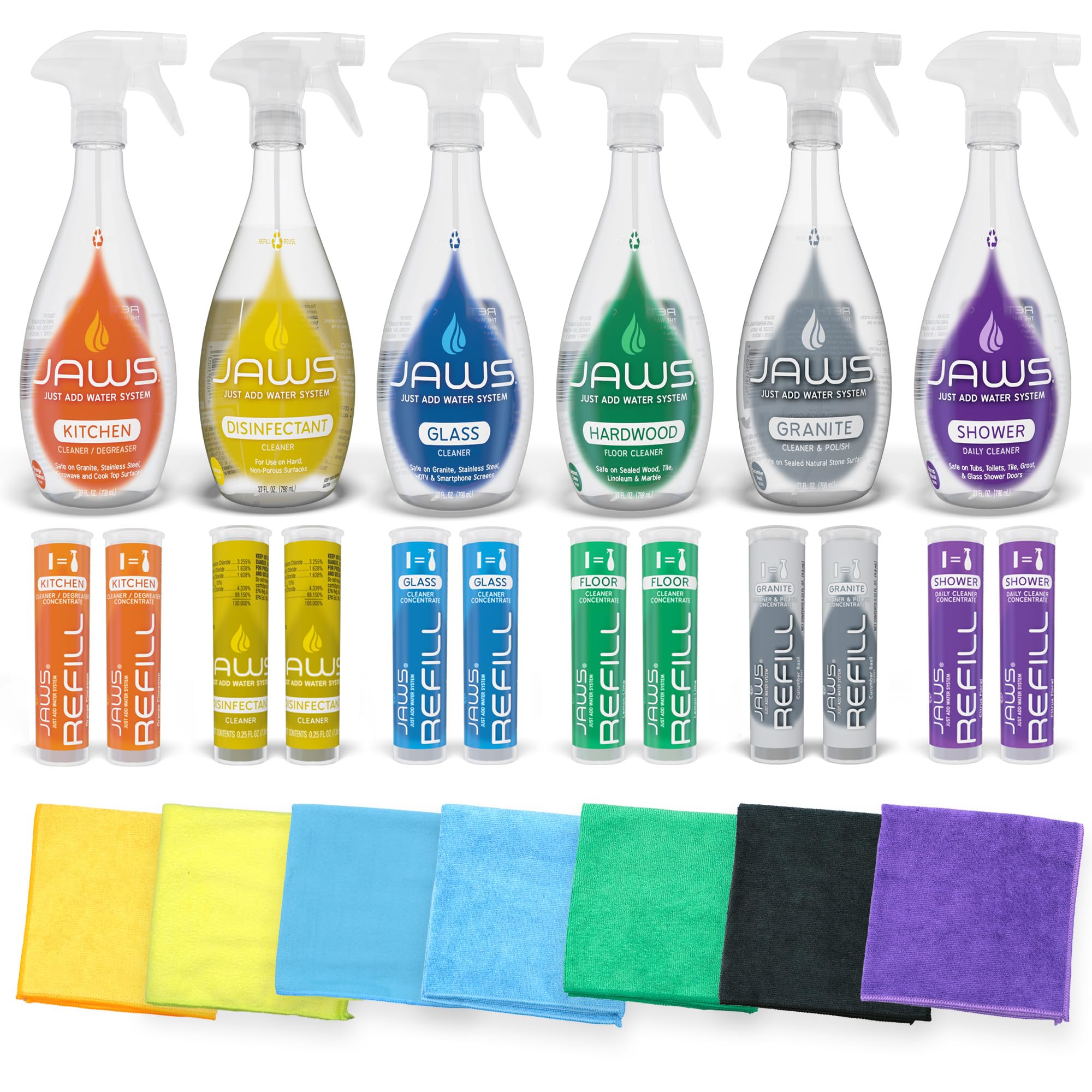 JAWS Cleaners Ultimate Multi-Surface Cleaning Kit - Safe for Kitchen, Glass, Shower, Granite & Hardwood Floors with Disinfectant - Includes 2 Refill Pods Each & Microfiber Cloths - Perfect for Deep Cleaning Homes, Offices & Commercial Spaces