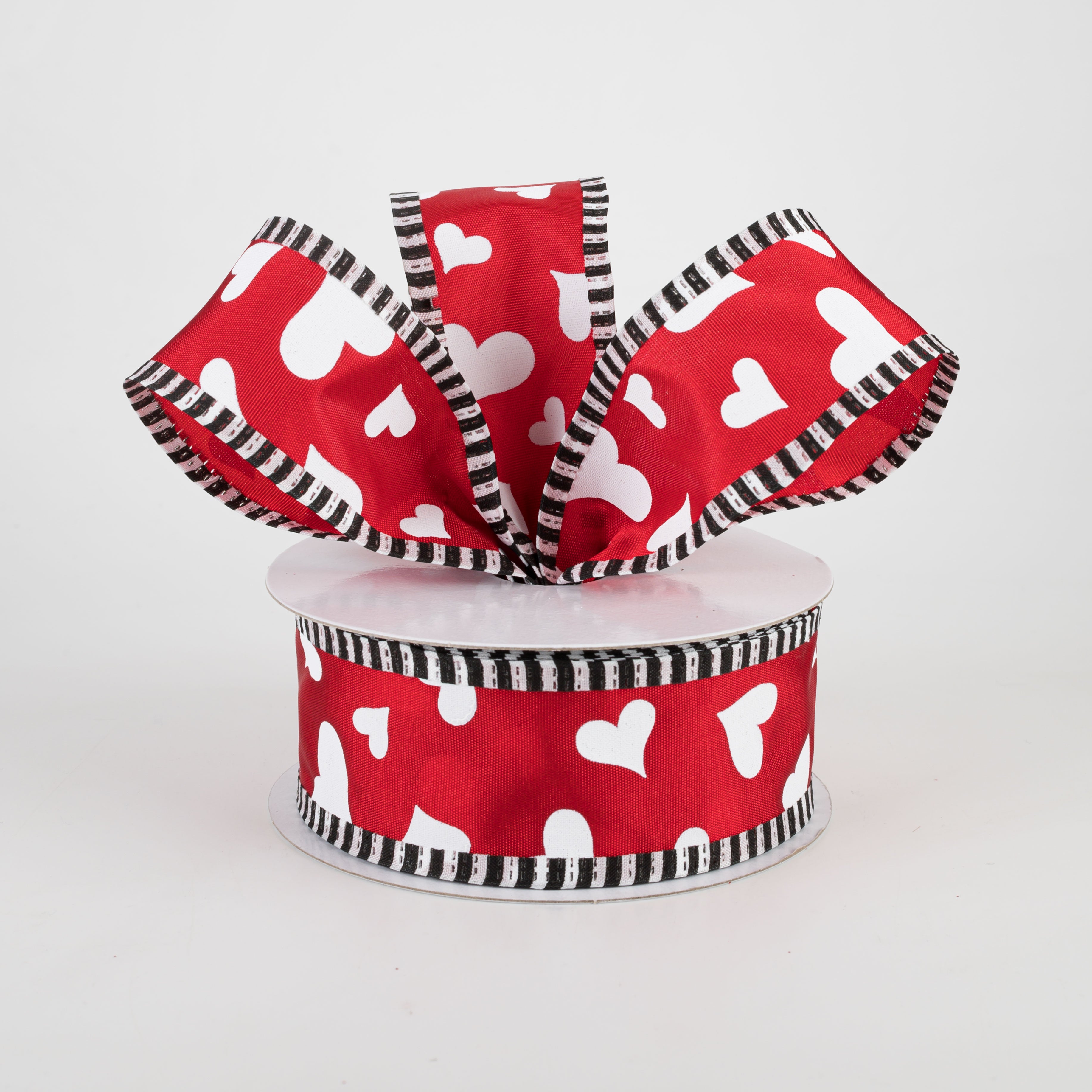 1.5 Inch Heart with Black & White Edge Ribbon - Red Grosgrain Ribbon (10 Yards) for Gift Wrapping, DIY Crafts, Wedding Decorations, and Hair Bows