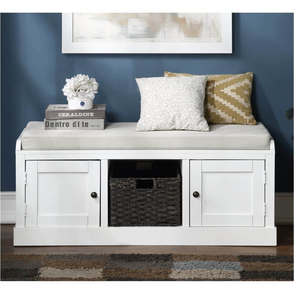 NYCSUOANI White Pine Wooden Storage Bench with 2 Cabinets & 1 Basket Ottoman - Multifunctional Entryway, Living Room, Bedroom Furniture for Home Organization