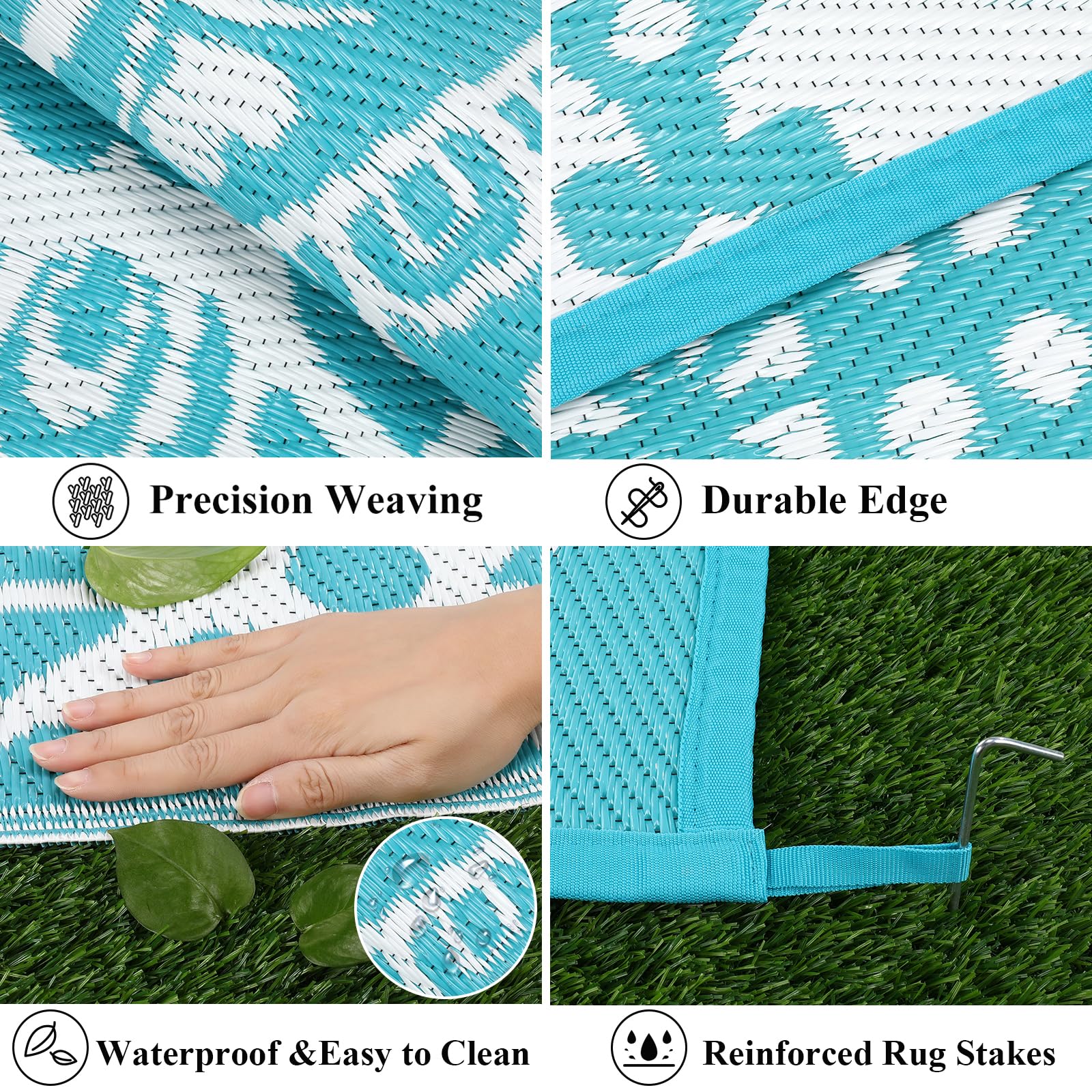 Bsmathom 6x9 Outdoor Plastic Straw Rug - Large Waterproof Reversible Mat for Patio, Camping, RV, Picnic, Beach, Backyard & Pool Deck - Durable & Portable Teal Rug for Outdoor Decor & Summer Gatherings