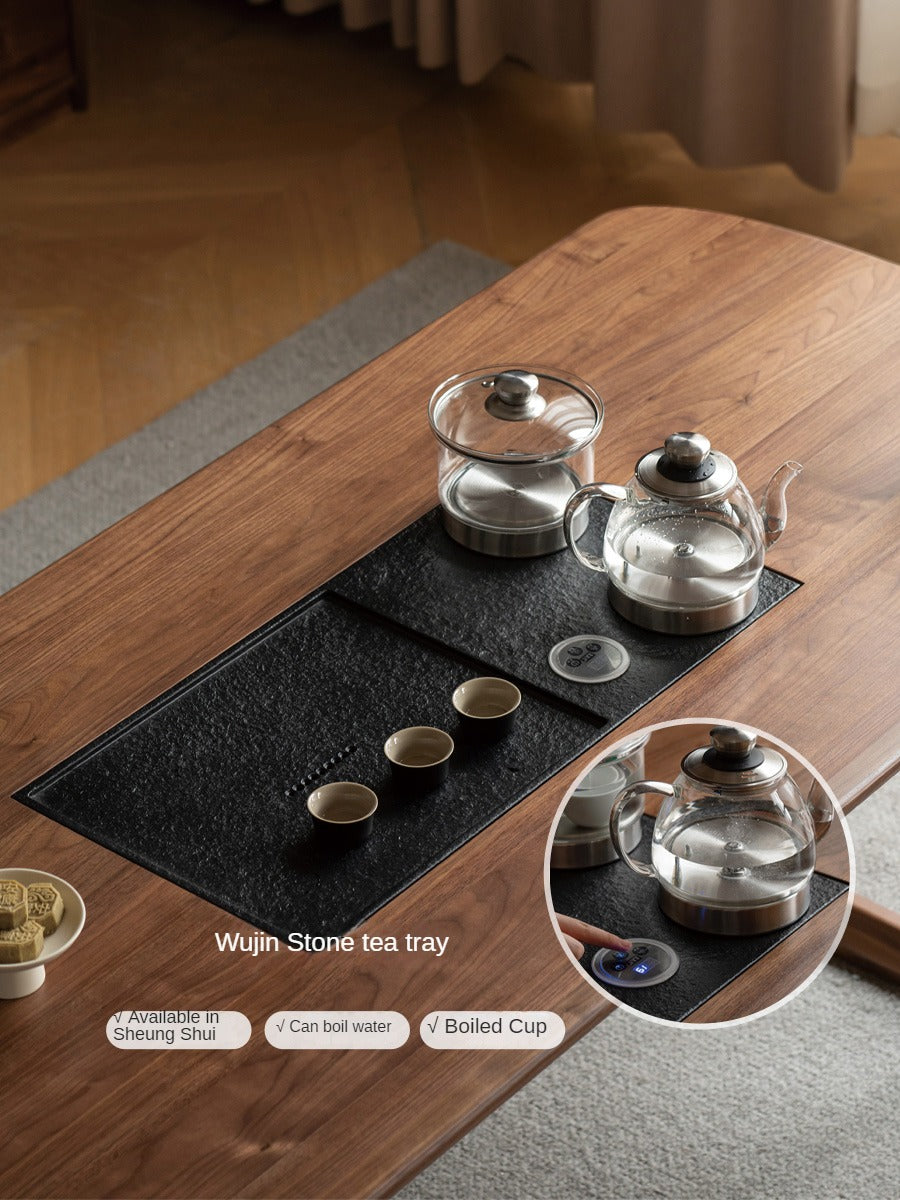 Premium Black Walnut Solid Wood Tea Table with Integrated Tray - Handcrafted Tea Serving Set for Living Room, Zen Meditation & Japanese Tea Ceremony