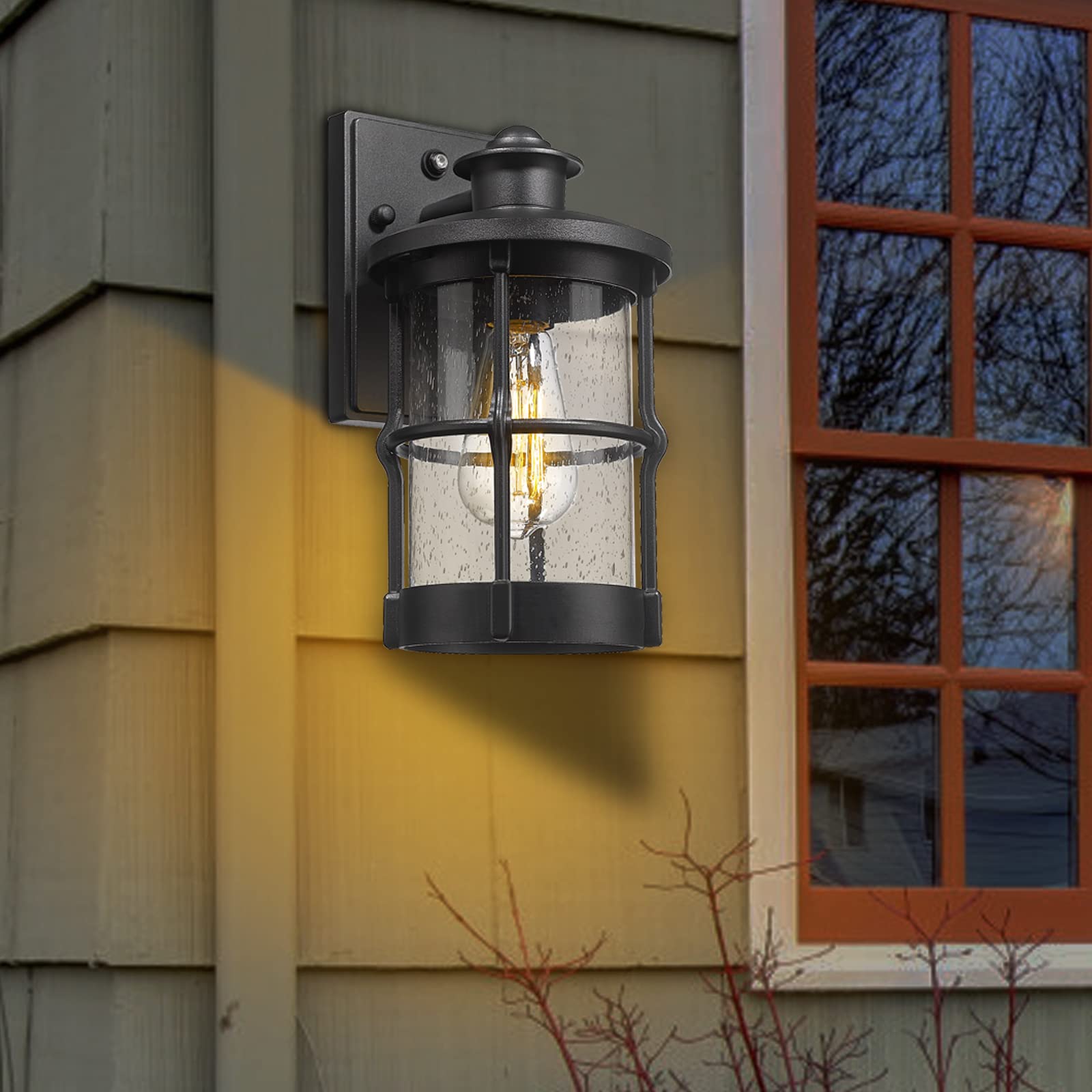 Outdoor Wall Sconces 2 Pack - Dusk to Dawn Exterior Wall Mount Lighting with Seeded Glass & Black Finish - Perfect for Porch, Patio, Garden, and Entryway Lighting
