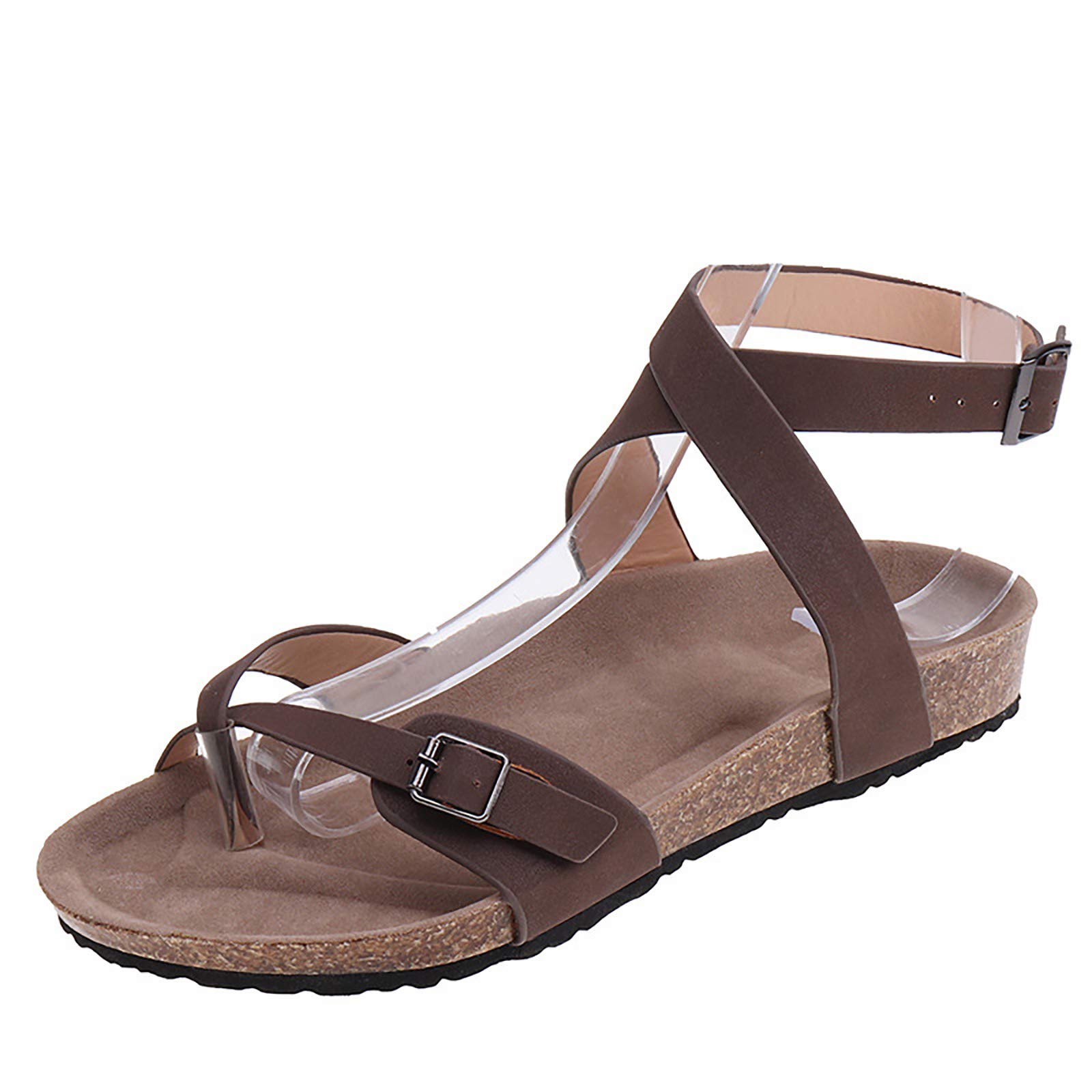 Women's Comfortable Flat Slide Sandals - Adjustable 2-Strap Buckle Design with Cork Footbed - Casual Summer Slippers for Women, Ladies & Girls (Brown, Size 40) - Perfect for Beach, Poolside, and Everyday Wear