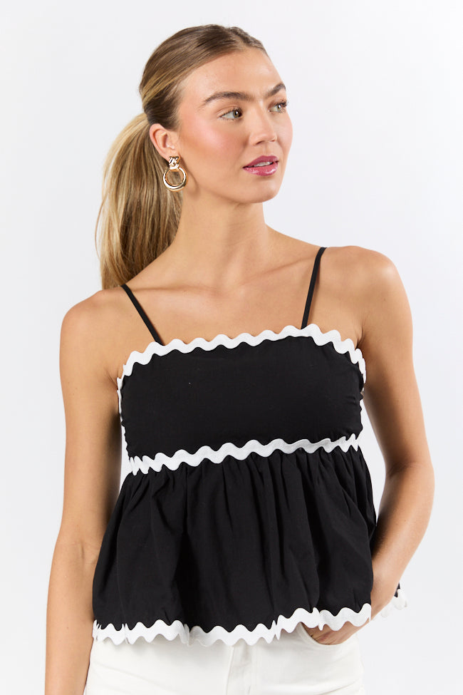 Heartfelt Moment Black and Ivory Rick Rack Trim Tank Top - Vintage Style Women's Casual Sleeveless Shirt for Summer Outfits, Beach Wear, and Boho Fashion