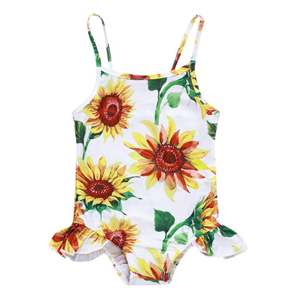 0-24 Months Baby Girls Sunflower Print Ruffle One Piece Swimsuit - UV Protection Beach & Pool Bathing Suit for Toddlers