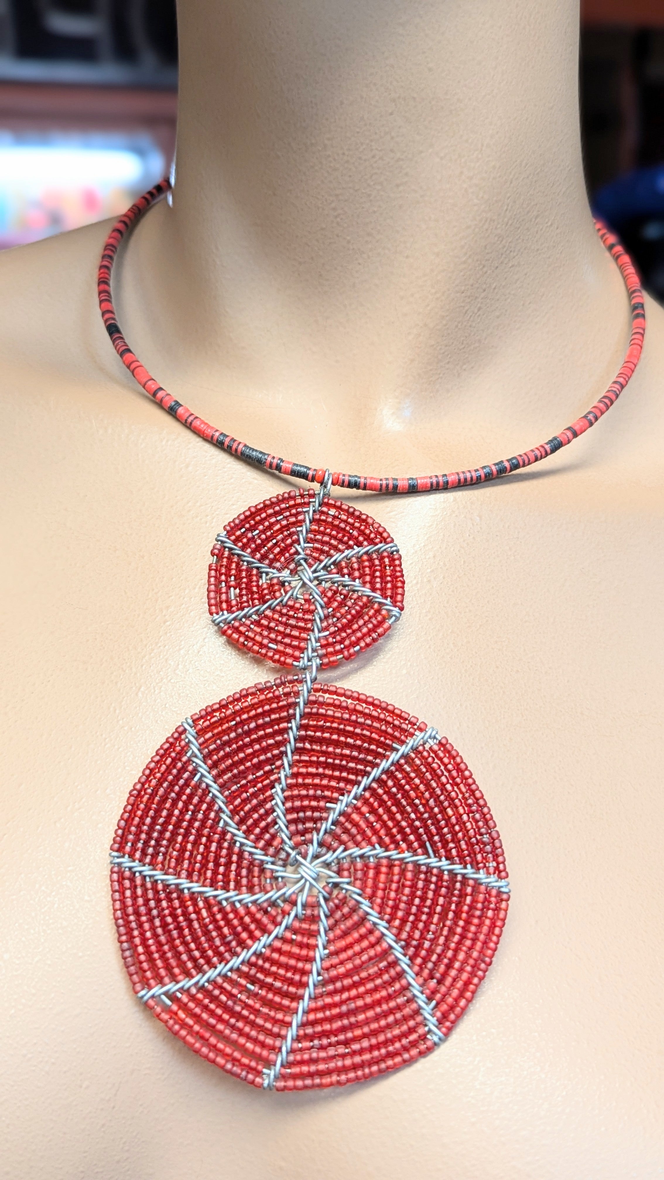 Handmade African Beaded Choker Necklace - Burgundy Uhuru Design DPJABN29 | Tribal Jewelry for Women, Boho Fashion Accessory, Festival & Wedding Outfit