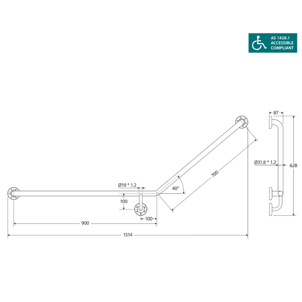 Fienza GRAB9070L 40° 900x700mm Stainless Steel Left Hand Grab Rail for Bathroom Safety - ADA Compliant Shower Handrail for Elderly & Disabled Accessibility