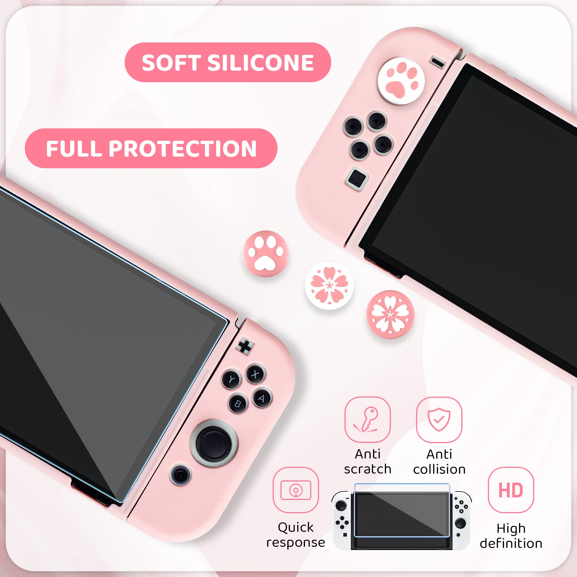Premium Pink Nintendo Switch OLED Carrying Case with Sakura Embroidery - Portable Hard Shell Protection Includes Soft Case, Screen Protector, 4 Thumb Grips, Wrist Strap & Shoulder Strap - Perfect for Travel, Commuting & Gaming On-The-Go
