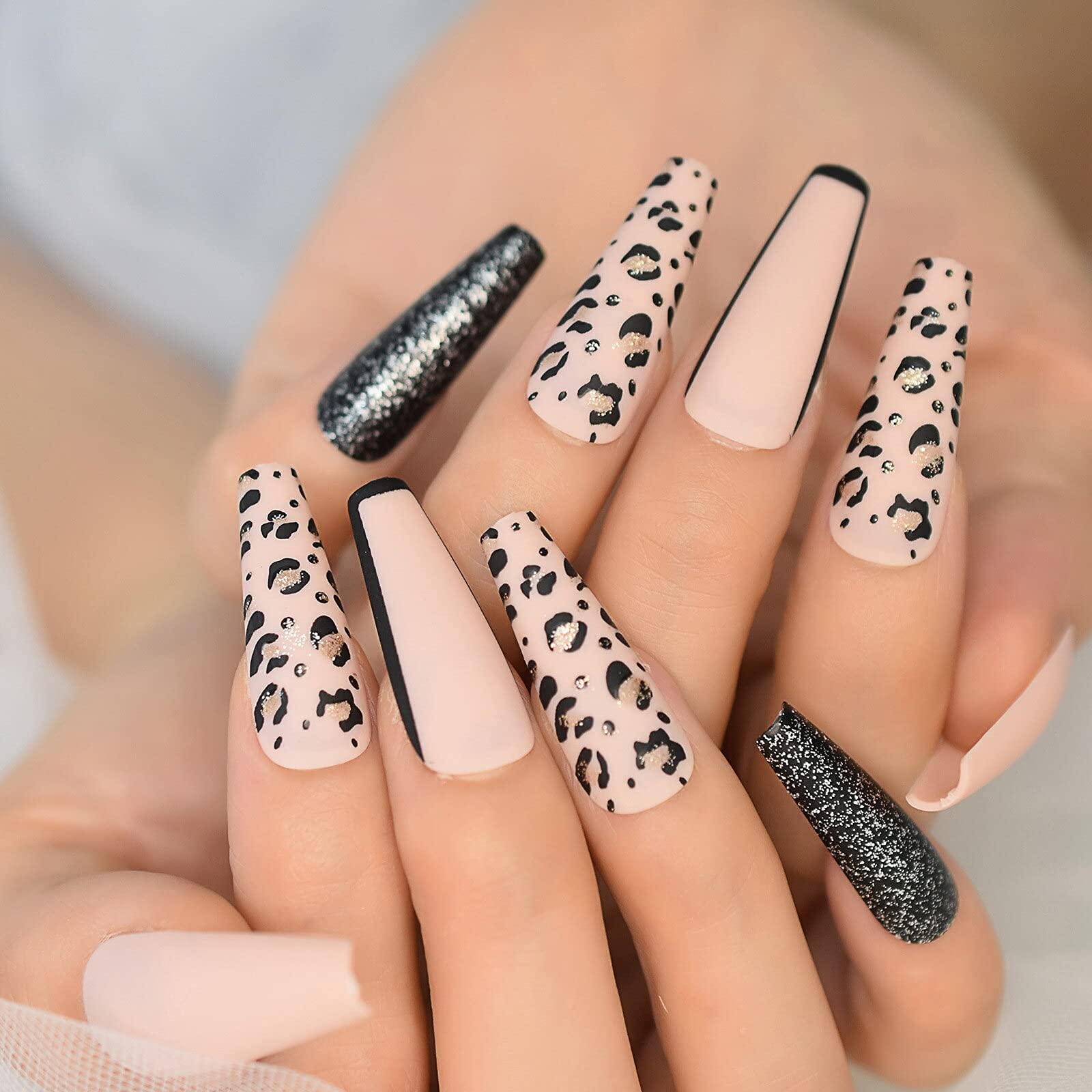 Extra Long Beige Press On Nails with Leopard Matte Design - Full Cover Acrylic False Nails with Glitter Tips for Manicure | Perfect for Parties, Weddings & Special Occasions