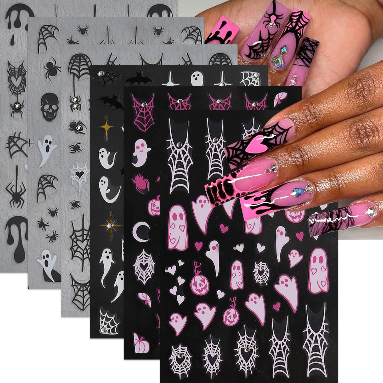 6Pcs Halloween Nail Stickers - 3D Self-Adhesive Ghost & Spider Web Nail Art Decals with Rhinestones | Pink & White Nail Design Supplies for Women | Perfect for Halloween Parties, Costume Nails & Spooky Manicure Decorations