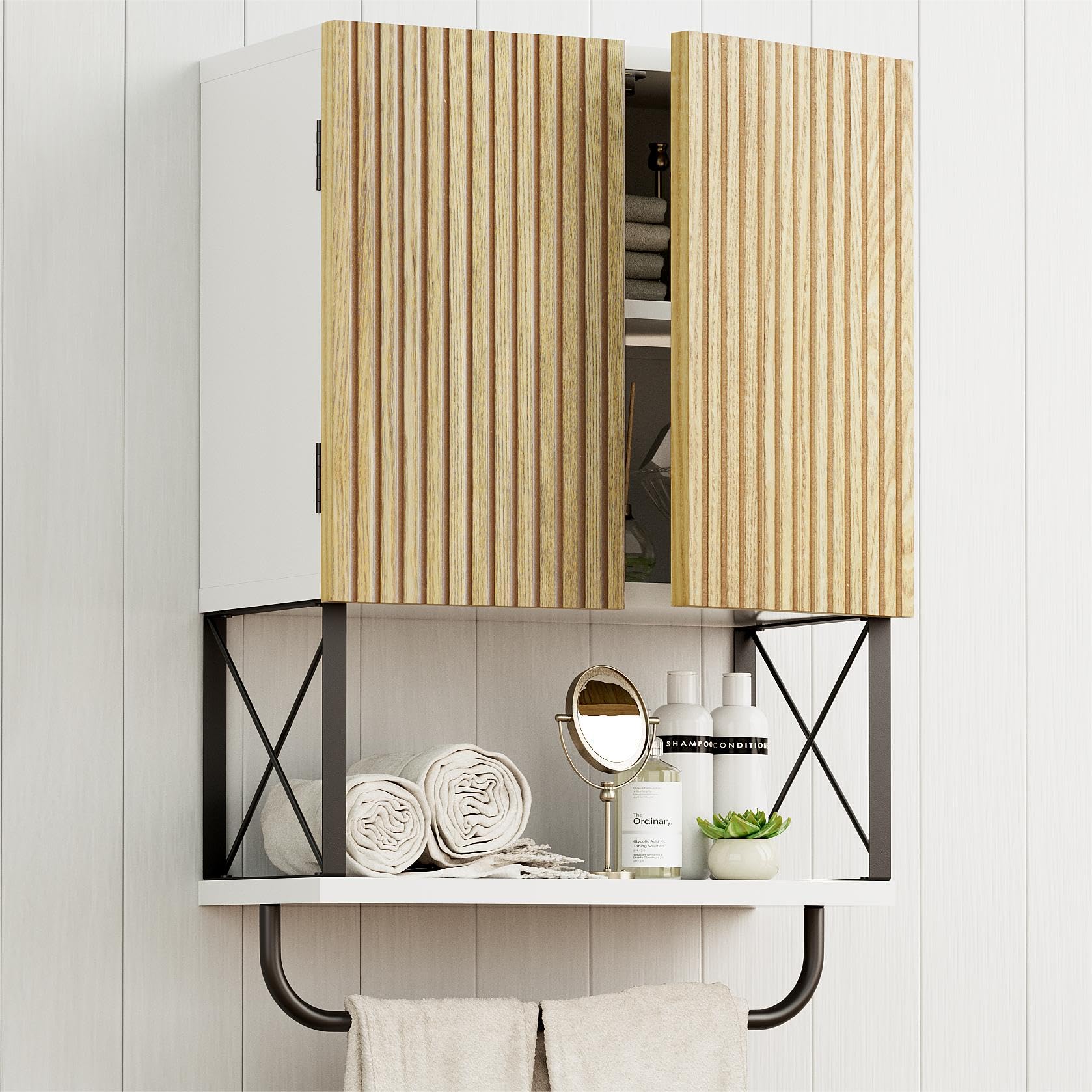Fluted Wall Mounted Medicine Cabinet with Towel Bar - White Bathroom Storage Organizer for Above Toilet Space | Perfect for Small Bathrooms, Powder Rooms & Apartment Living