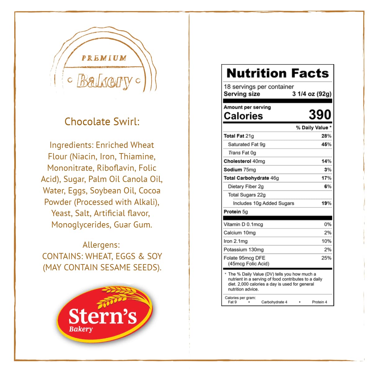 Stern's Bakery Chocolate Swirl Danish Pastries - 18 Individually Wrapped 3oz Breakfast Pastries | Dairy Free & Nut Free Snacks | Perfect for Vending Machines, Lunchboxes, Office Snacks & Morning Coffee Pairing