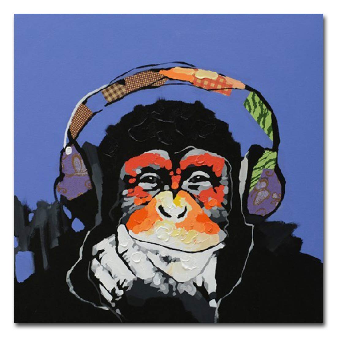 Hand-Painted Gorilla with Headphone Oil Painting Canvas Wall Art - Large 32x32 Inch Stretched Ready to Hang - Perfect for Living Room, Game Room & Office Decor - Unique Blue Animal Artwork for Music Lovers