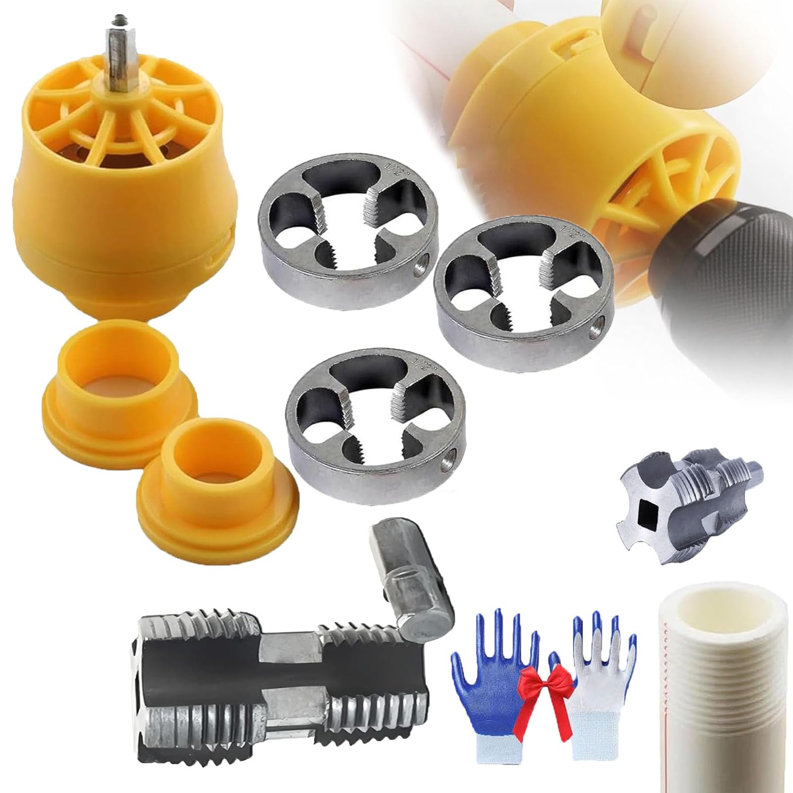 Electric PVC Pipe Threader Kit for Drills - Plumbing Tool with Multiple Die Sizes (2 Mix) - Perfect for DIY Home Repairs, Plumbing Projects & Professional Pipe Installation