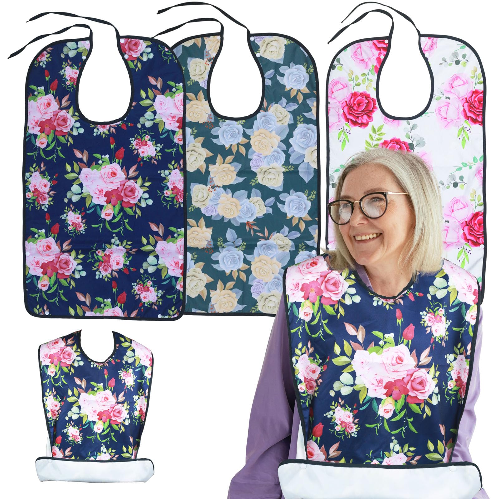 3pcs Washable & Reusable Waterproof Adult Bibs for Women & Elderly - Large Feeding Bib with Crumb Catcher - Perfect Clothing Protector for Dining, Nursing Homes & Senior Care Gifts