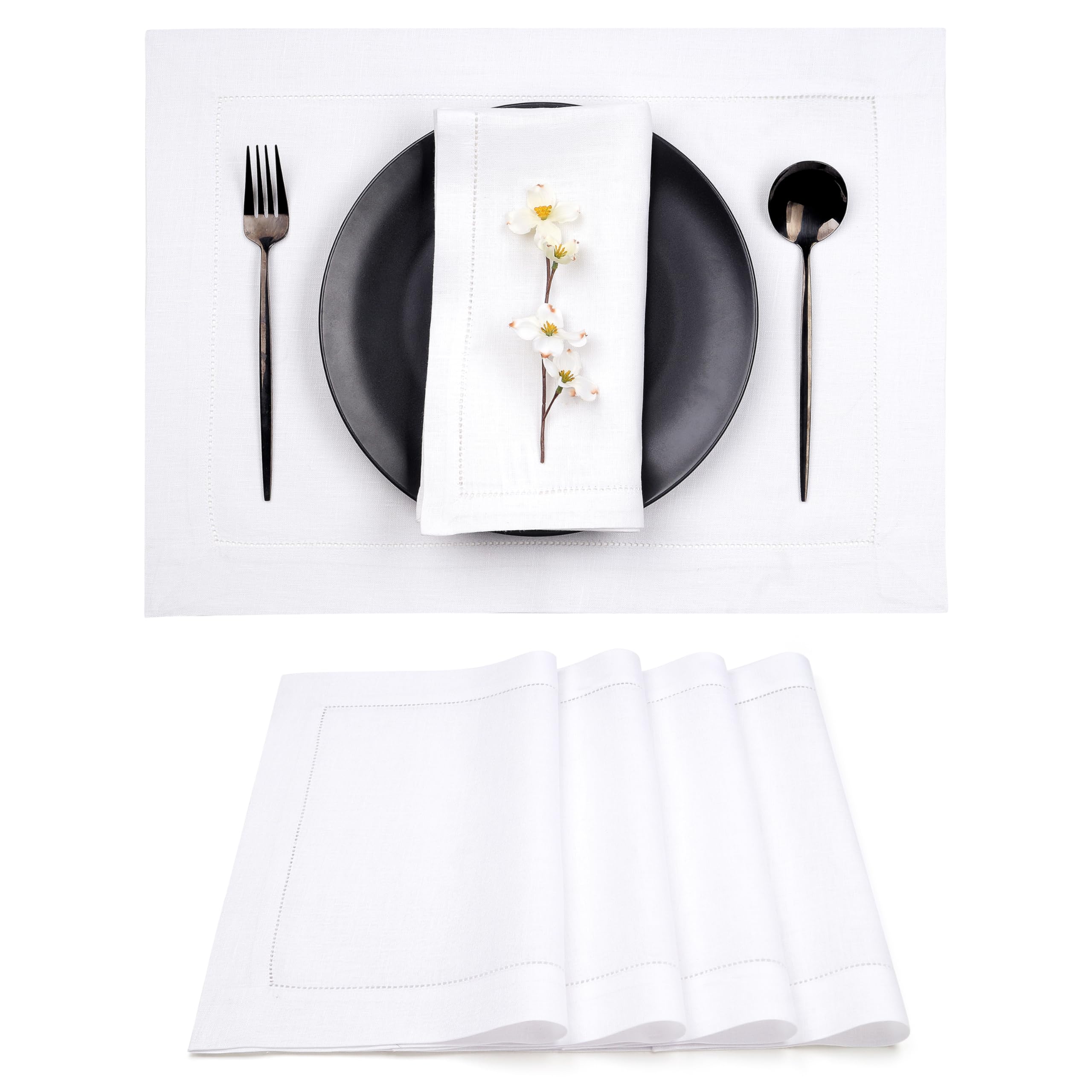 D'Moksha Homes 100% Pure Linen Placemats Set of 4 - 14x19 Inch White Washable Table Mats with Classic Hemstitch Design - Perfect for Easter, Dinner Parties & Formal Dining Decor