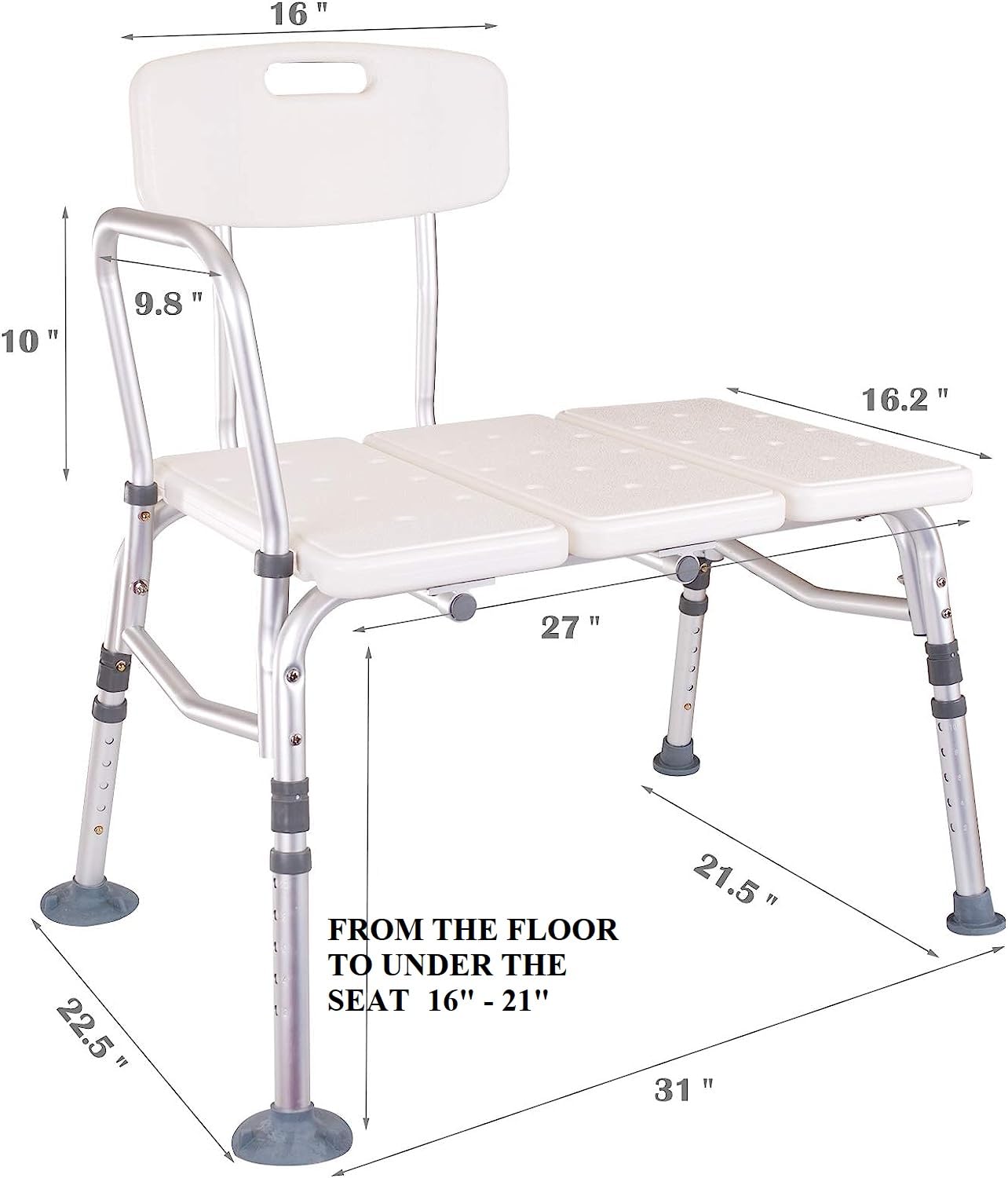 HEALTHLINE Heavy Duty Bariatric Shower Bench 400 lbs Capacity - Adjustable Medical Transfer Bench with Back Support & Non-Slip Seat for Elderly & Disabled (Gray) - Ideal for Safe Bathing & Showering Assistance