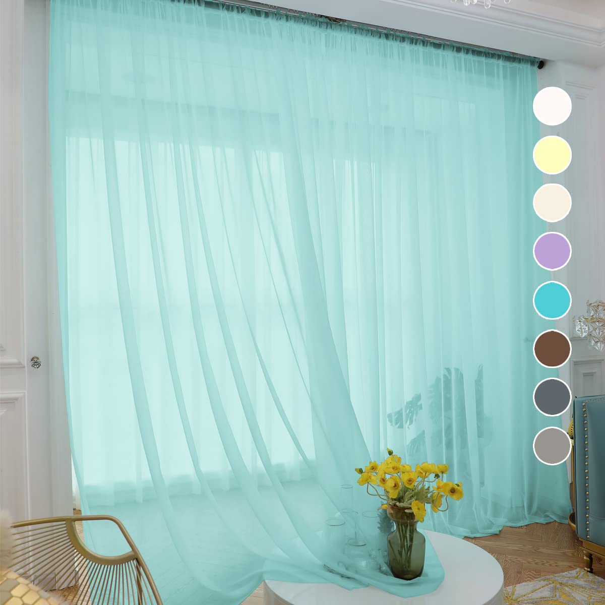 Lake Blue Sheer Curtains 84 Inches Long - 2 Panels Rod Pocket Voile Semi-Sheer Window Drapes for Kitchen, Bedroom & Living Room - Light Filtering Privacy Curtains (52