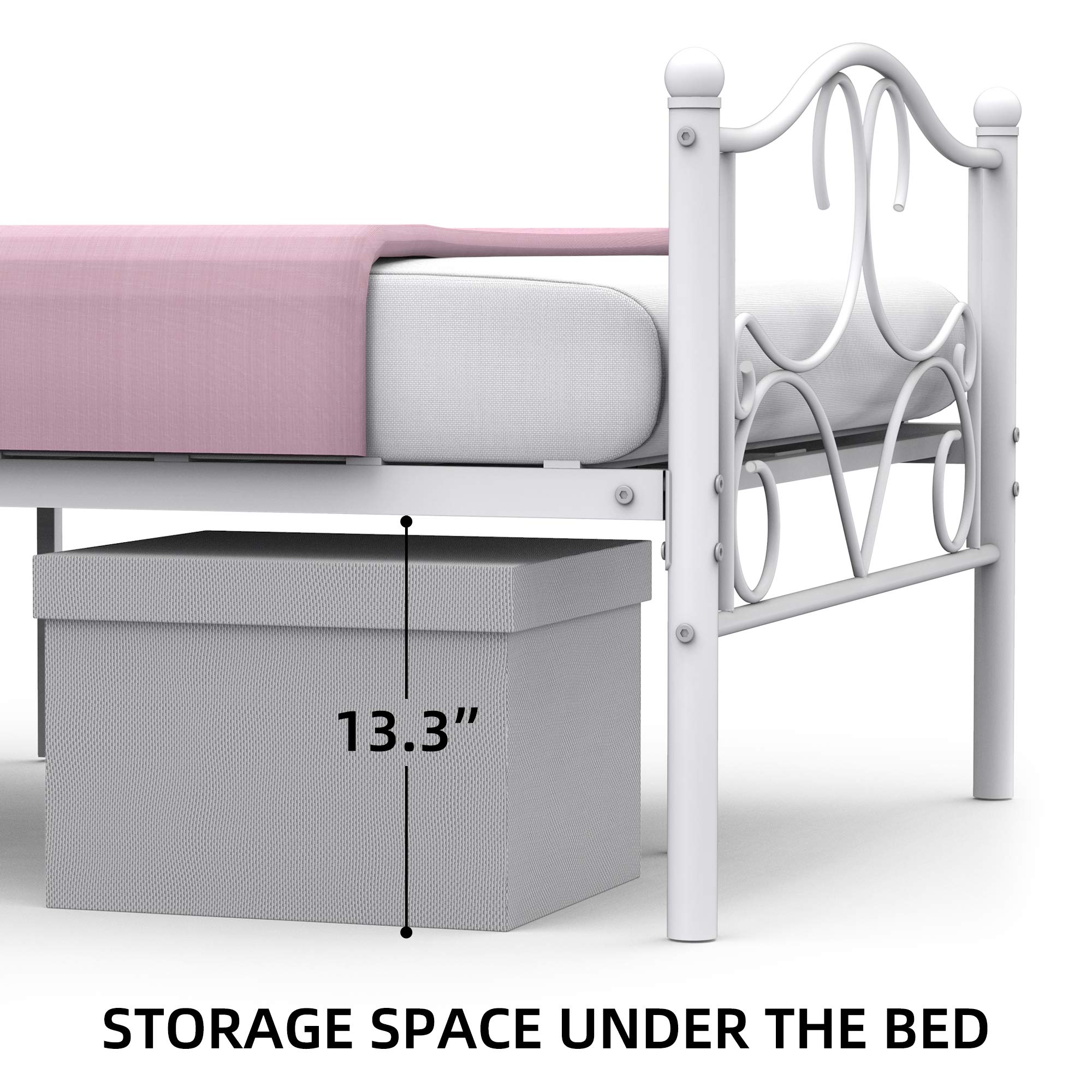 Curved Twin Size Metal Bed Frame with Storage - No Box Spring Needed, White Platform Bed with Headboard & Footboard for Kids' Room | Perfect for Small Spaces, Dormitories & Guest Bedrooms