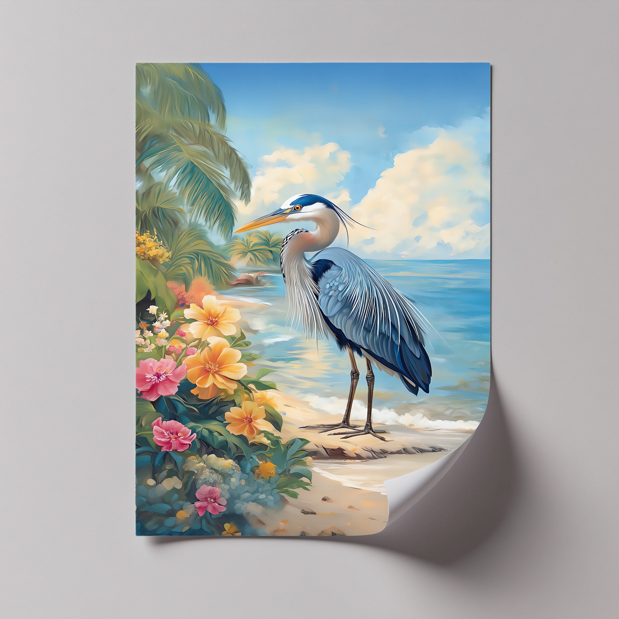 Coastal Heron and Hibiscus Bloom Canvas Print - Tropical Beach Wall Art for Living Room, Bedroom & Office Decor