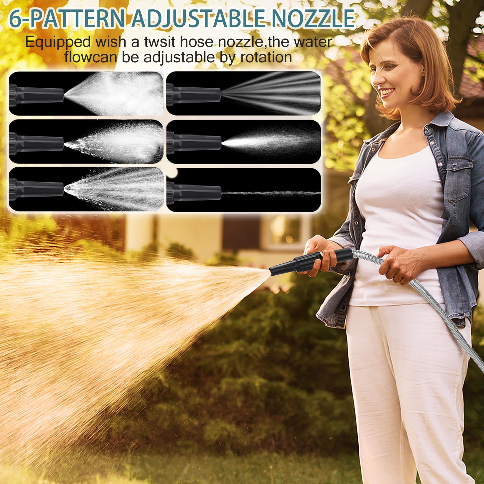 50FT Heavy Duty Stainless Steel Garden Hose - Rust-Proof, Anti-Puncture, Kink-Free & Lightweight with 8-Function Spray Nozzle for Lawn, Yard & Outdoor Watering | Perfect for Gardening, Car Washing & Patio Cleaning