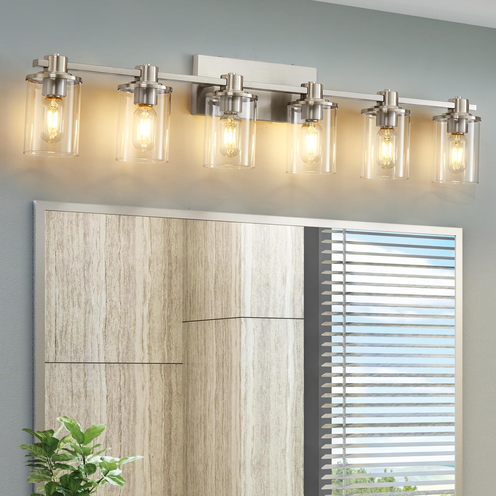 Brushed Nickel Bathroom Vanity Light Fixture - 6-Light Wall Sconce with Clear Glass Shade for Bathroom Mirror Lighting | Perfect for Modern Home Decor & Spa-Like Ambiance
