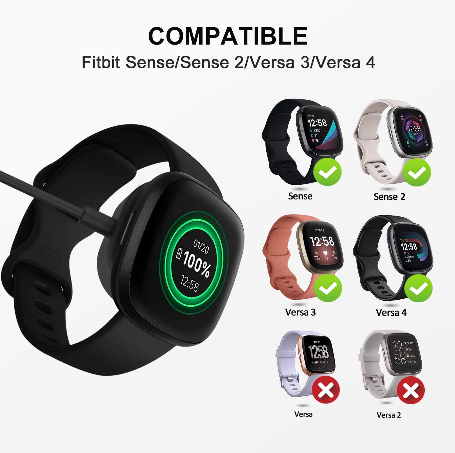 3.3Ft USB Charger Cable for Fitbit Sense/Sense 2/Versa 3/Versa 4 - Magnetic Charging Power Cord for Smartwatch - Perfect for Home, Office & Travel Use