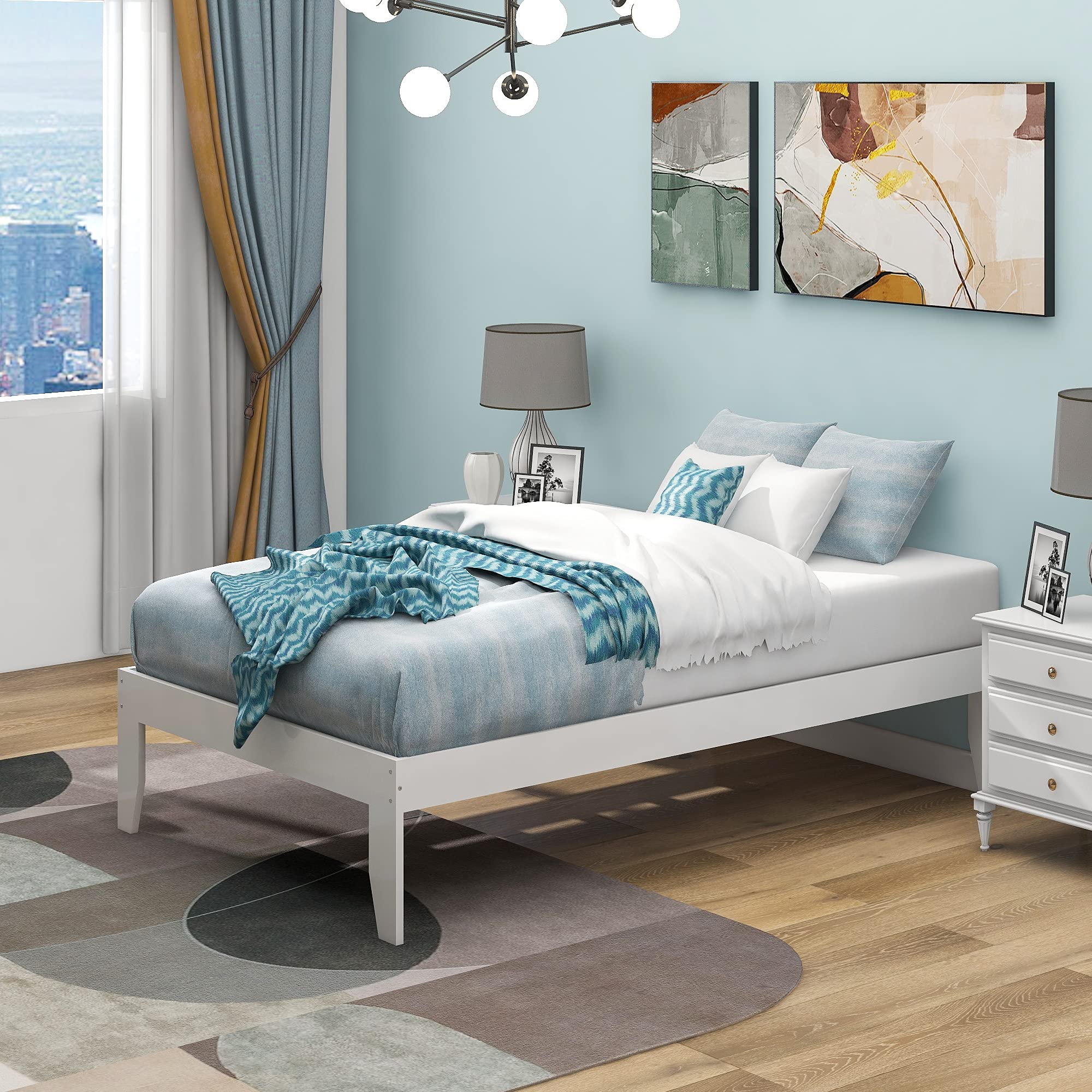 Pine Wood Platform Bed Frame with Wooden Slats for Kids & Teens - No Box Spring Needed - Twin Size White - Perfect for Small Bedrooms, Dorm Rooms & Guest Rooms