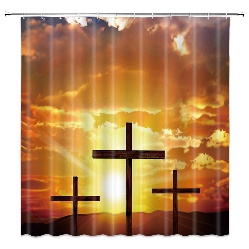 Japanese Scenery Shower Curtain - Cross & Sun Design, Polyester Fabric for Bathroom Decor, 70x82 Inch with Hooks