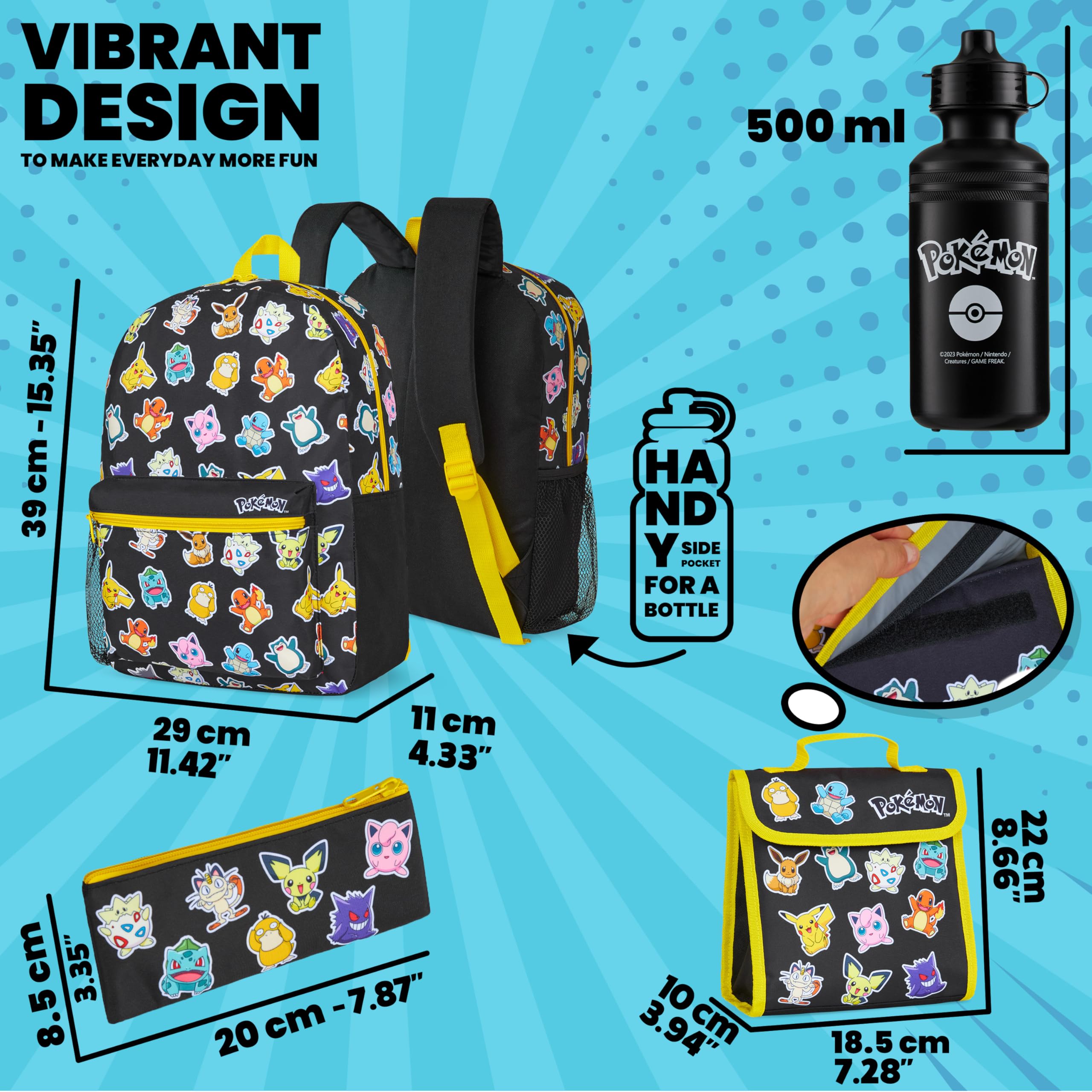 Pokemon Kids Backpack 4-Piece School Set - Pikachu Themed Insulated Lunch Box, BPA-Free 500ml Water Bottle, Pencil Case & Rucksack - Back to School Supplies for Boys (Black/Multi) - Perfect for School, Travel & Outdoor Adventures