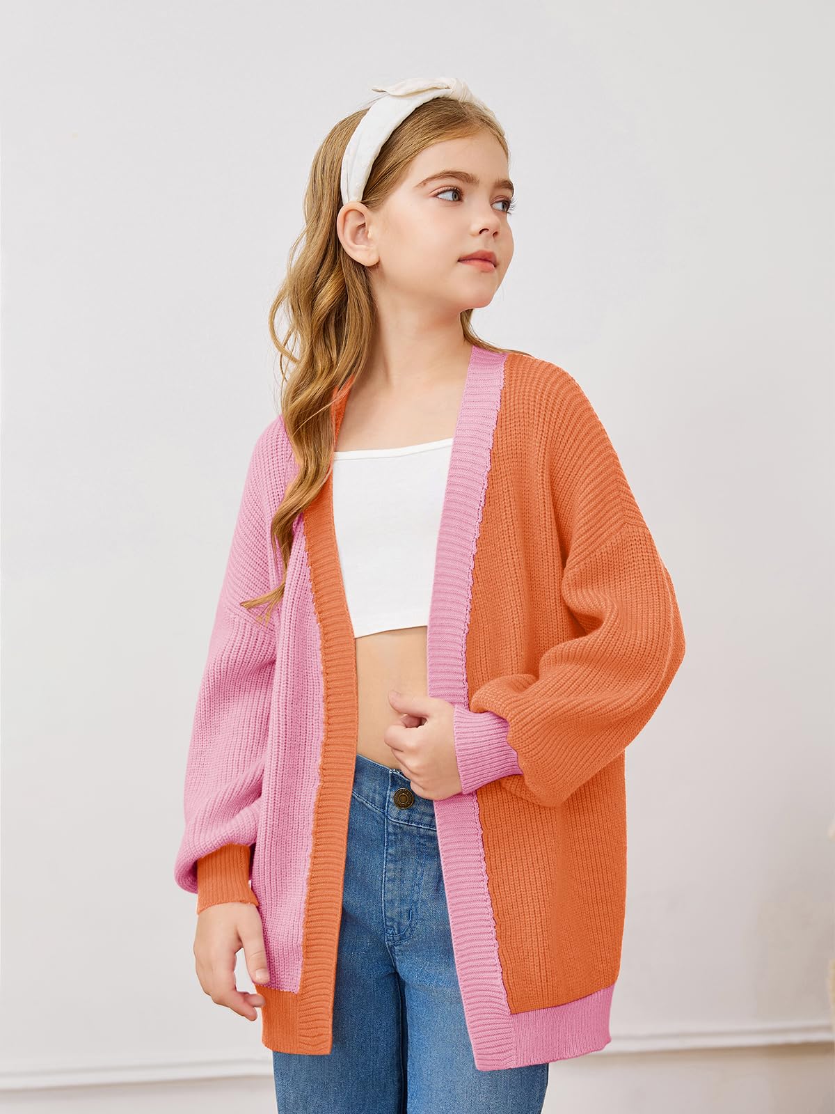 Haloumoning Girls Oversized Batwing Sleeve Cardigan Sweater - Kids Fashion Open Front Color Block Outerwear for School, Playdates & Casual Outings