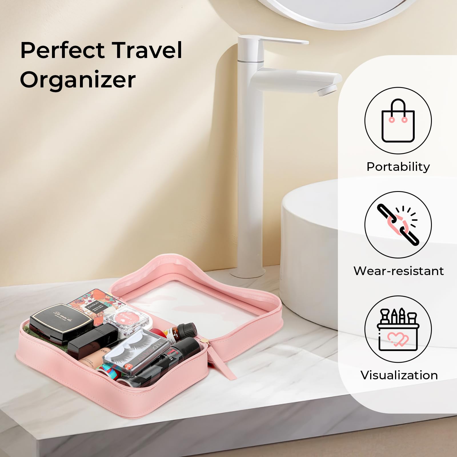 TSA Approved Clear Makeup Bag - Travel Toiletry Organizer with Zipper, Transparent Cosmetic Case for Women & Men (Pink) - Perfect for Airports, Gym, Beach & Daily Essentials Storage